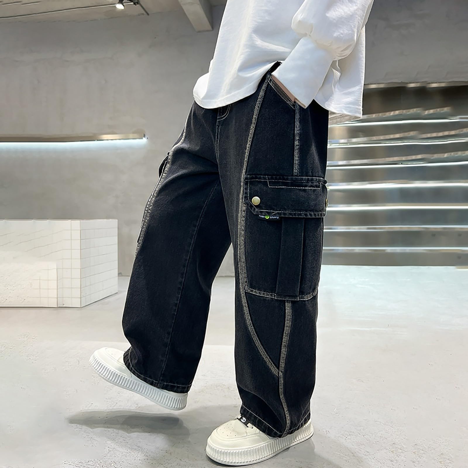 Genérico Vaqueros Niño 4-14 Años Baggy Pantalon Vaquero Adolescentes Chico Cintura Elastica Rectos Moda Y2K Streetwear Jeans Pantalones Vaqueros de Trabajo Denim Loose Primavera 2026