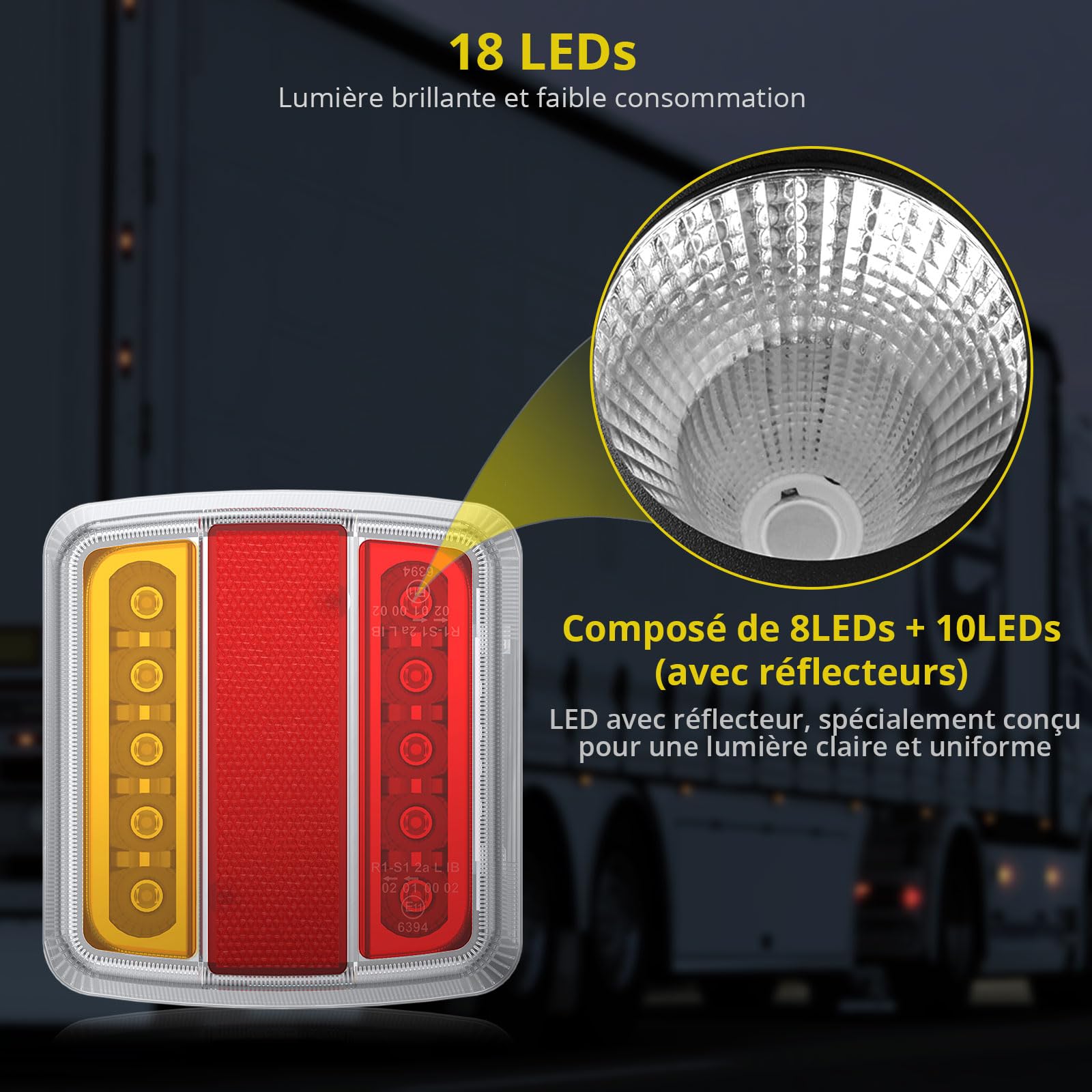 PROZOR 18 LED Feu Arrière pour Remorque avec Réflecteur 2pcs Feux de Remorque Vis Intégré E-marqué IP65 avec 7.5m Câble 7 Pin Connecteur Feux de Frein Arrière Rouge Ambre Blanc pour 12V Camion Van
