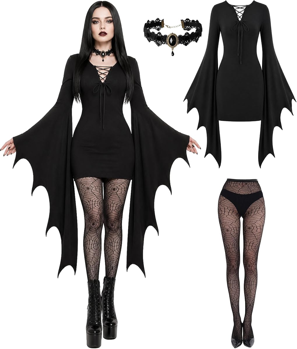 Aileam Halloween Morticia Addams disfraces Vintage gótico negro vestido largo traje mujeres rosas rojas flores collar pendientes