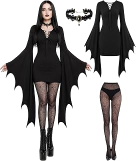 Aileam Halloween Morticia Addams Costumes Vintage Gothic Black Long Dress Outfit Women Red Roses Flowers Necklace Earrings