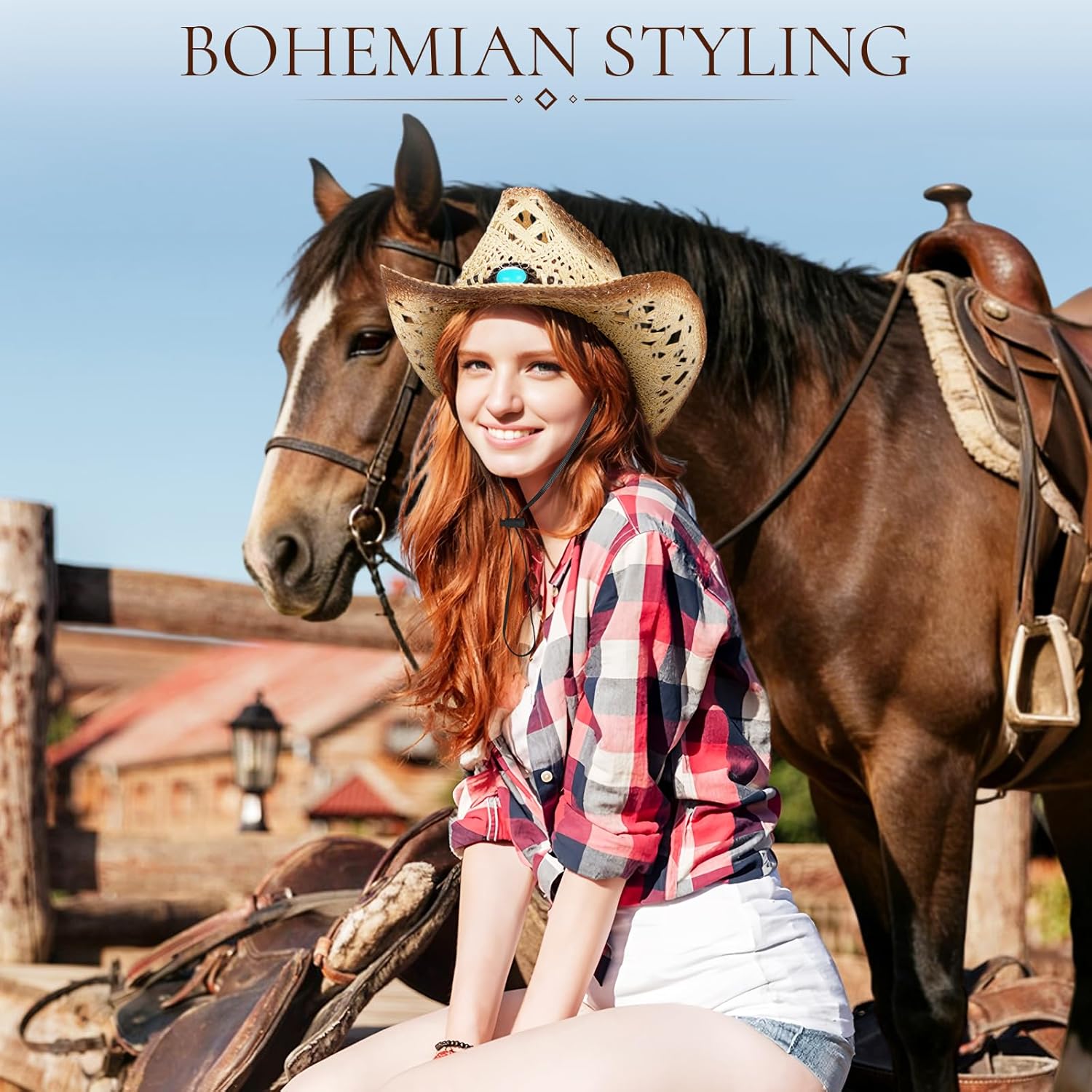 Straw Cowboy Hat for Women, Western Cowgirl Hats with Boot Earrings, Brim Summer Beach Hat