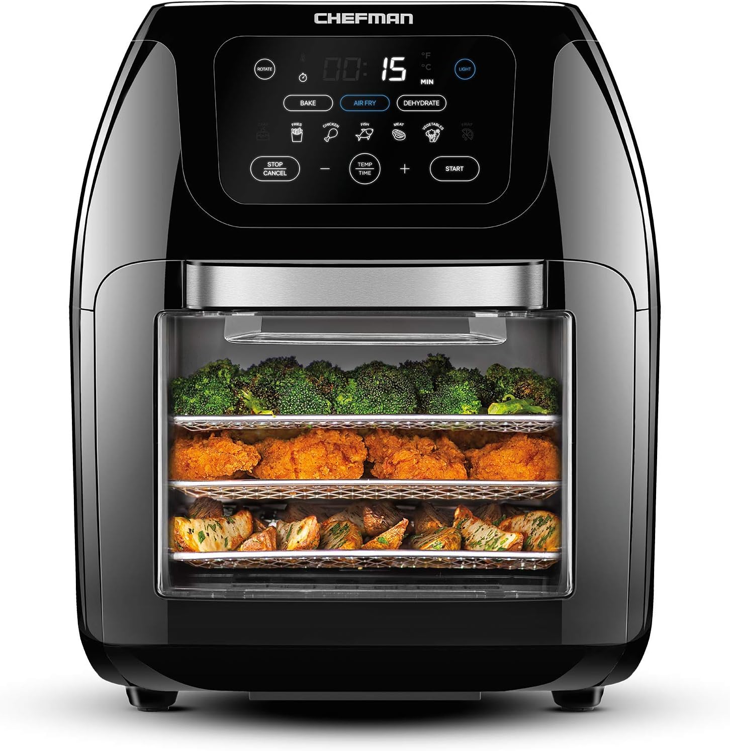 Chefman Friggitrice Digitale Multifunzionale, Girarrosto, Disidratatore, Forno a Convezione, 17 Preselezioni Touch-Screen, Friggere, Arrostire, Spegnimento Automatico, Formato Famiglia XL 10 L, Nero