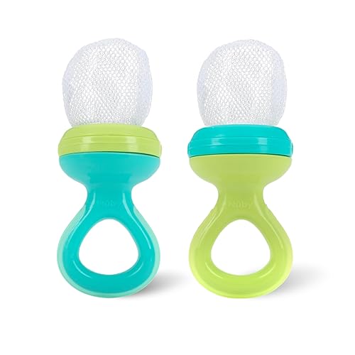 Nuby Nibbler Mesh First - Comedero de alimentos suaves, 2 unidades, aguamarina y verde