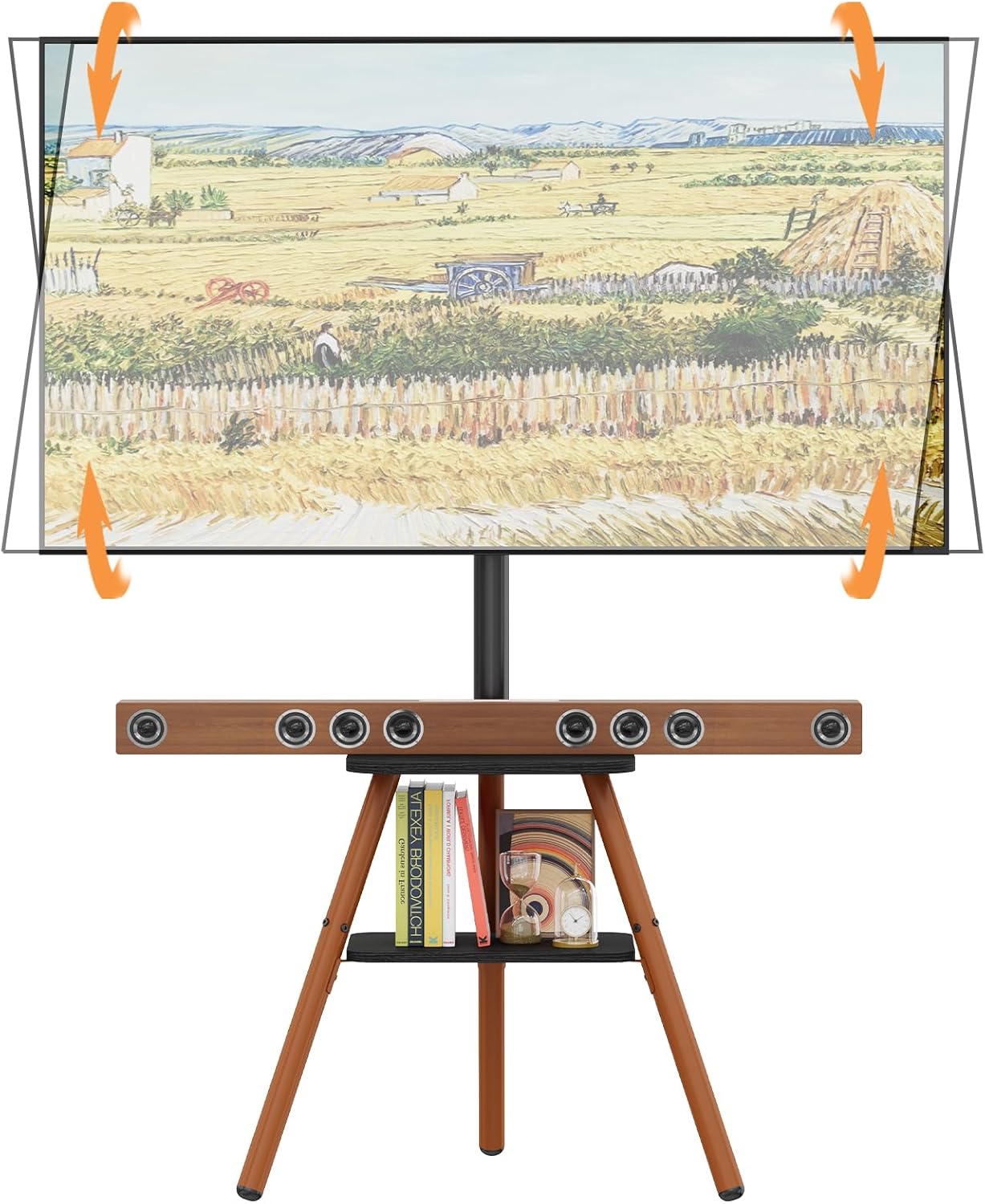 Tripod Easel TV Stand for 23-60 Inch TVs, Floor TV Stand with 2 Shelves and Cable Management for Bedroom/Living Room, Holds up to 80 lbs Adjustable Height Max VESA 400x400mm, Artistic Black Walnut