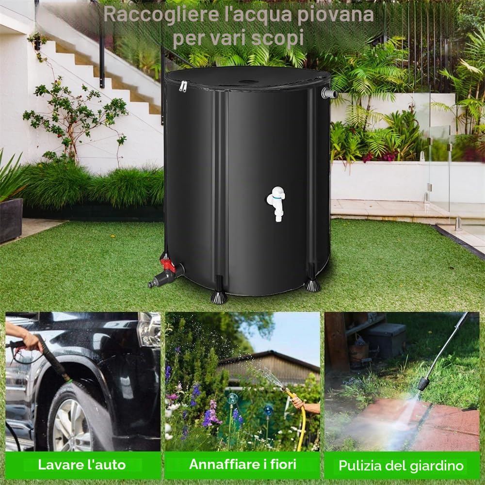 Melko - Raccoglitore di acqua piovana pieghevole da 500L con rubinetto di scarico, aste di supporto in PVC e tubo dell'acqua da 2 m - Serbatoio per acqua piovana mobile con protezione da trabocco e