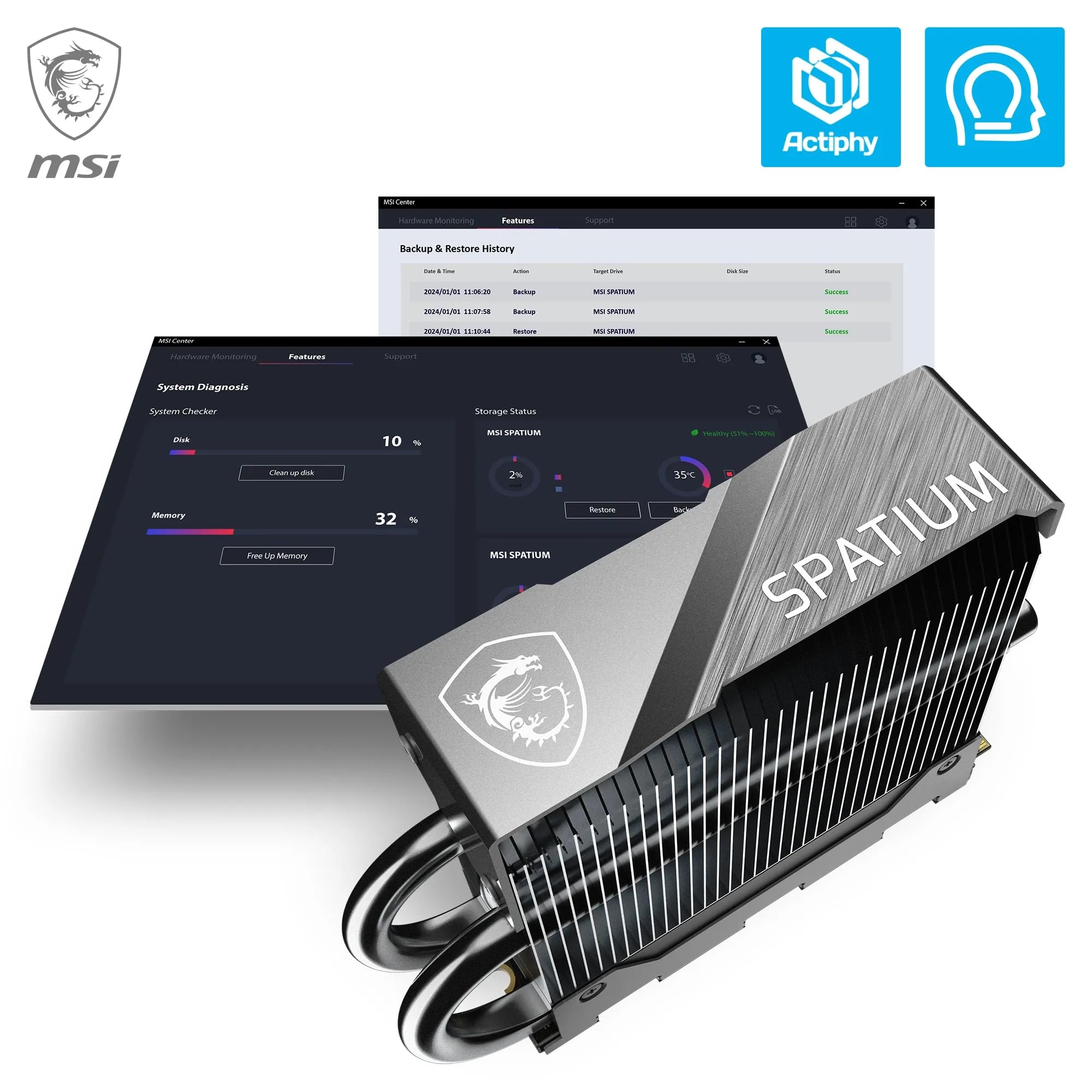 MSI SPATIUM M570 Pro PCIe 5.0 NVMe M.2 2TB FROZR - Disque SSD Interne 2 to avec radiateur, PCIe 5.0 NVMe M.2, Lecture 12400 MB/s & Écriture 11800 MB/s, 3D NAND, Garantie 5 Ans (1400 TBW)