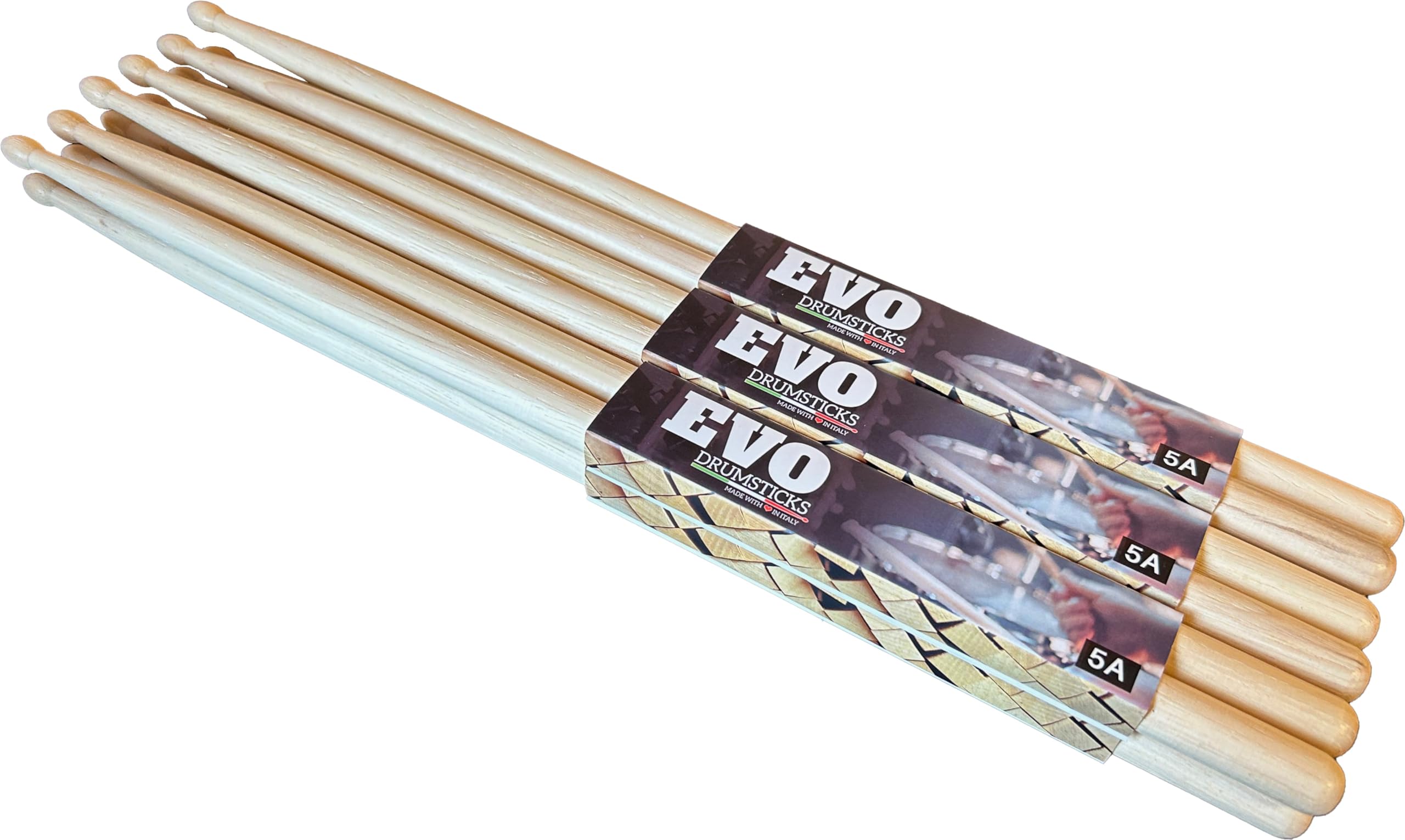 Bacchette per batteria professionali modello 5A in hickory, noce americano con punta in legno, punta a goccia, legno a stagionatura naturale, made in Italy - 6 pair pack