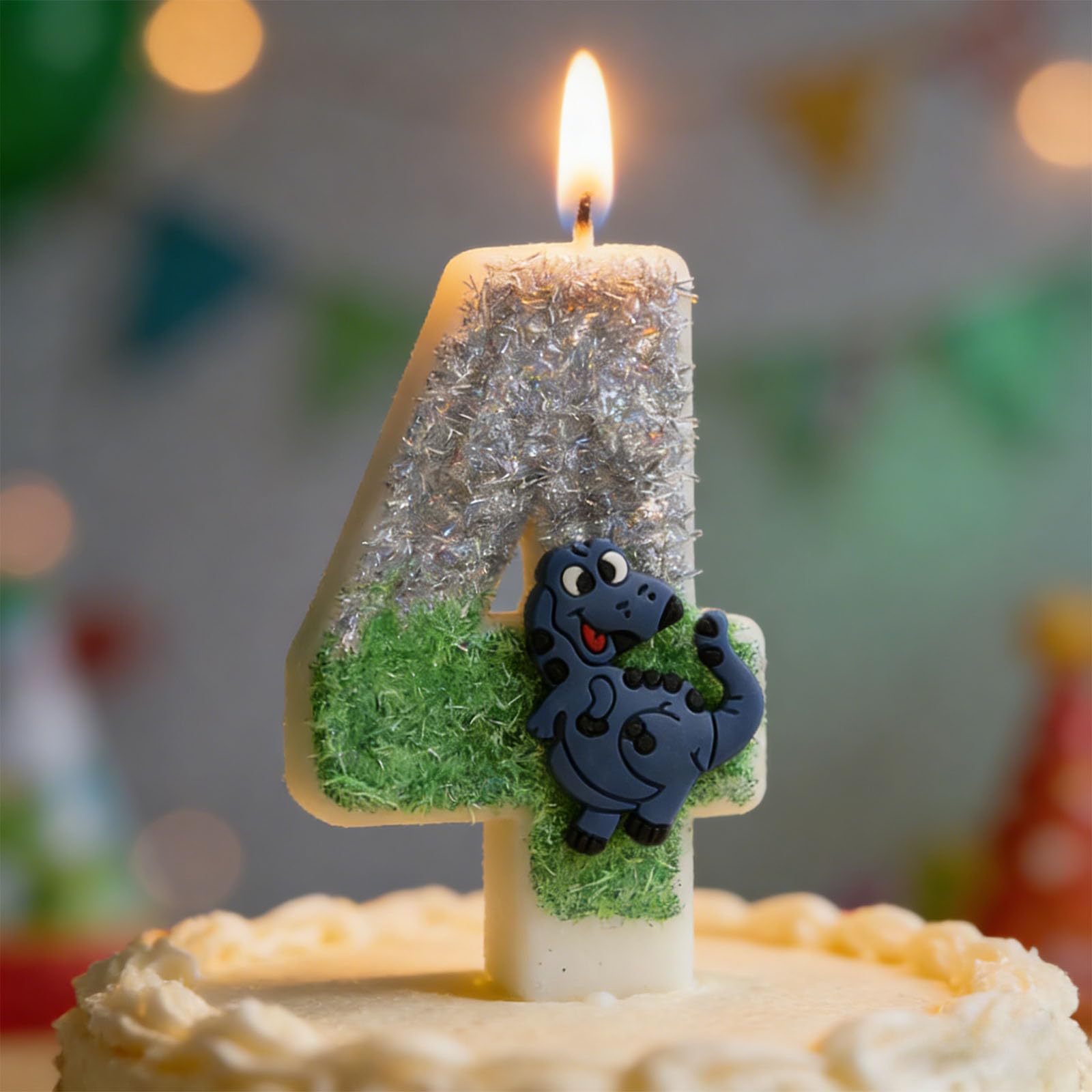 Dinosaur Candles for Birthday Cakes - Smokeless 4 Number Candles with Green Gradient, Safe Kids Party Supplies