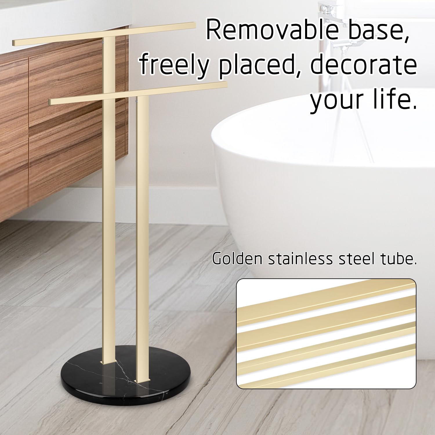 Porte Serviette Salle de Bain Support Serviette sur Pied 2 Barres avec Base Blanche Marbre Porte-Serviettes pour Plancher Sol Acier Inoxydable SUS304 en Forme de T (Or, Socle en Marbre Noir)