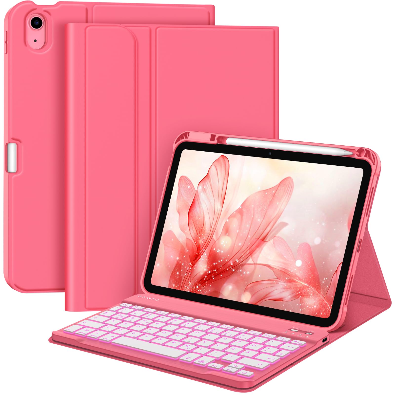 FINTIE Hülle mit Tastatur für iPad A16 11 Generation/10 Gen (11/10.9 Zoll, 2025/2022), 7-farbige Hintergrundbeleuchtung, Magnetische abnehmbare Bluetooth-Tastatur Hülle mit Stifthalter,