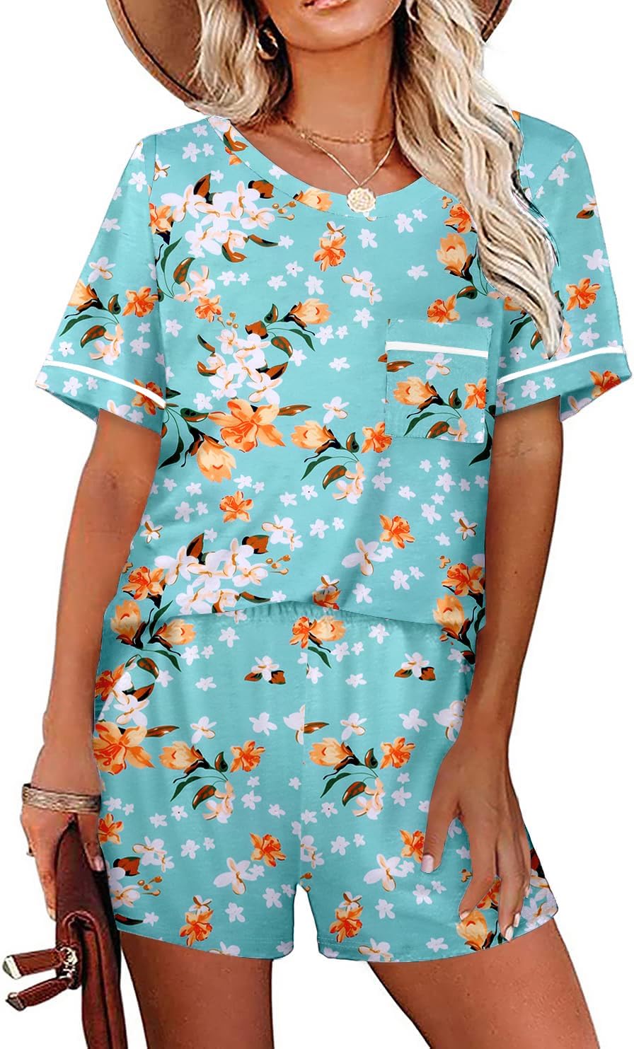 Ekouaer Womens Pajamas Sets Shorts 2 Piece Short Sleeve Lounge Sets Round Neck Sleepwear Soft Pjs with Pockets image 5