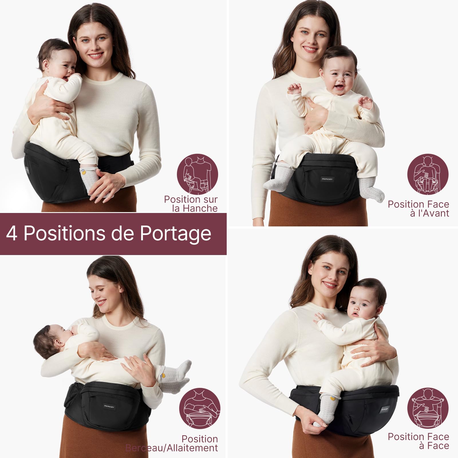 Porte-bébé Momcozy certifié CPC - Ceinture ajustable avec Protecteur Ventral Original 3D, Porte-bébé ergonomique avec plusieurs poches pour nouveau-nés et bambins jusqu'à 45lbs (Noir, Moyen)