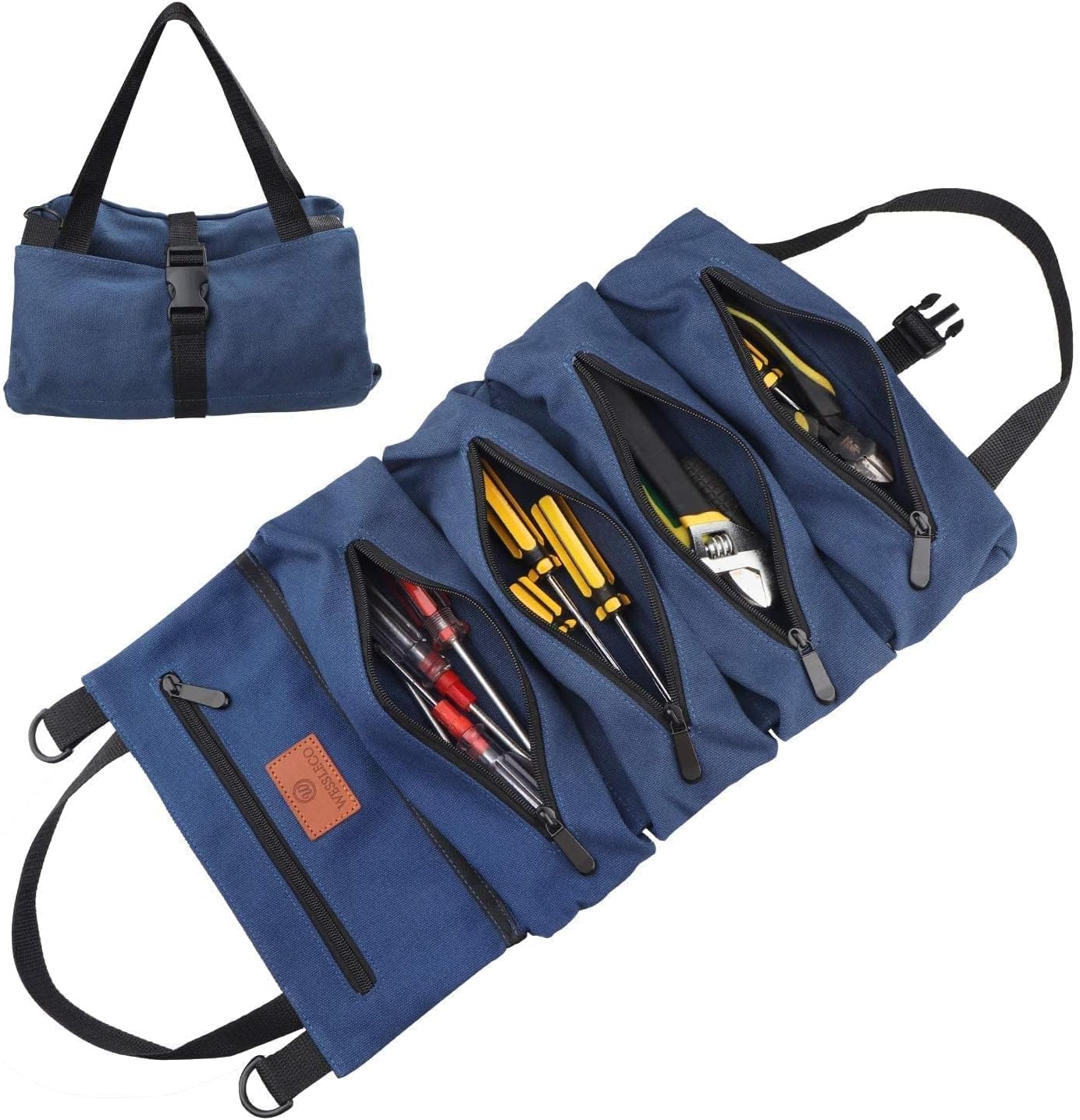 Roll Up Tool Bag, 16OZ Canvas Wrench Roll Up Pouch Multi-Purpose Tool Roll Organize, 5 Zippered Tool Pockets (Blue)