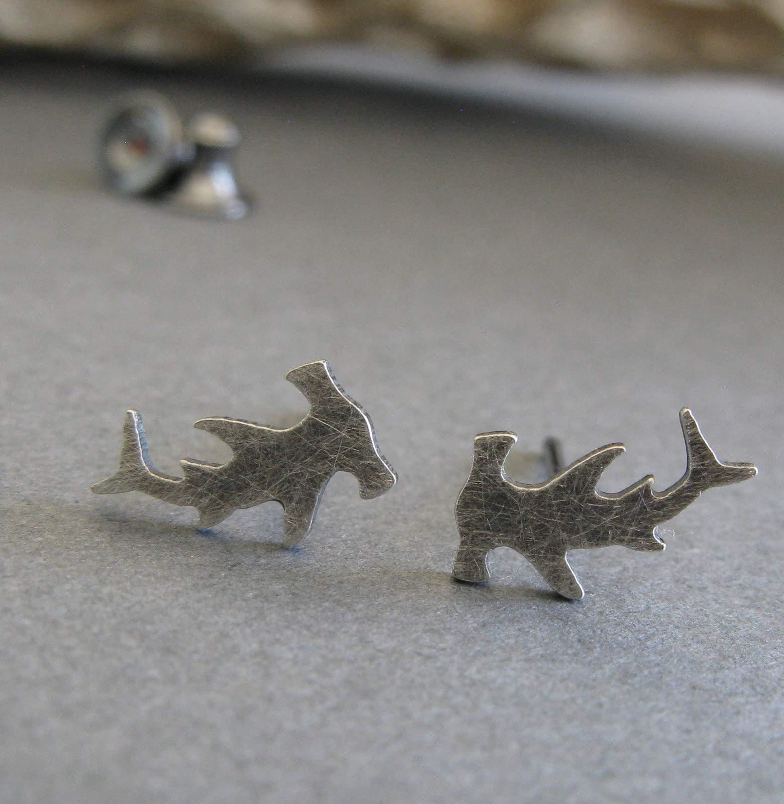 Hammerhead Shark Stud Earrings Antiqued Sterling Silver Handmade in USA