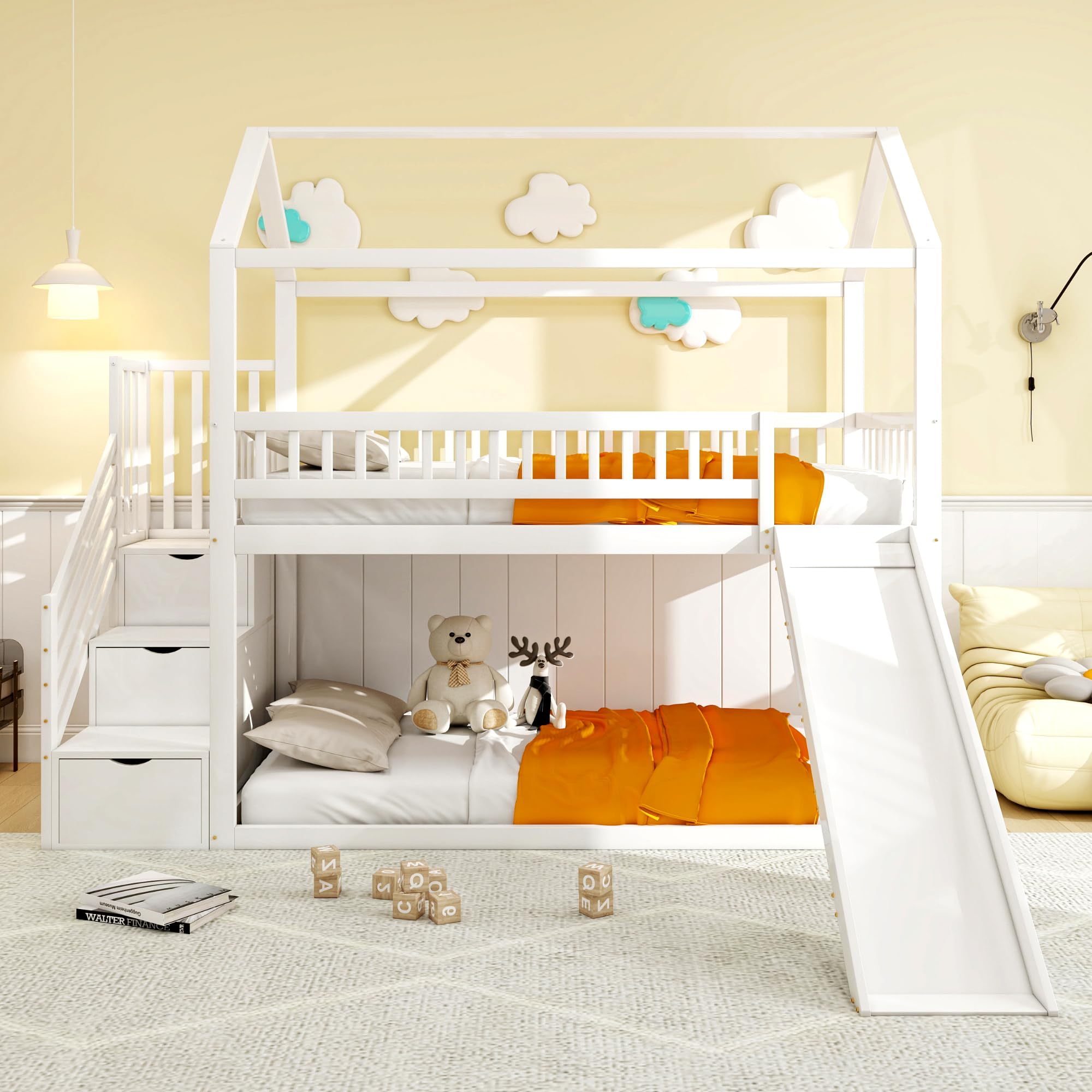 Hochbett Kinderetagenbett 90x200 cm, Multifunktionales Kinderbett, mit Rutsche und 3 Stauraumleiter, hohe Zaunkonstruktion, Massivholzbettrahmen, Lattenrost,Weiße