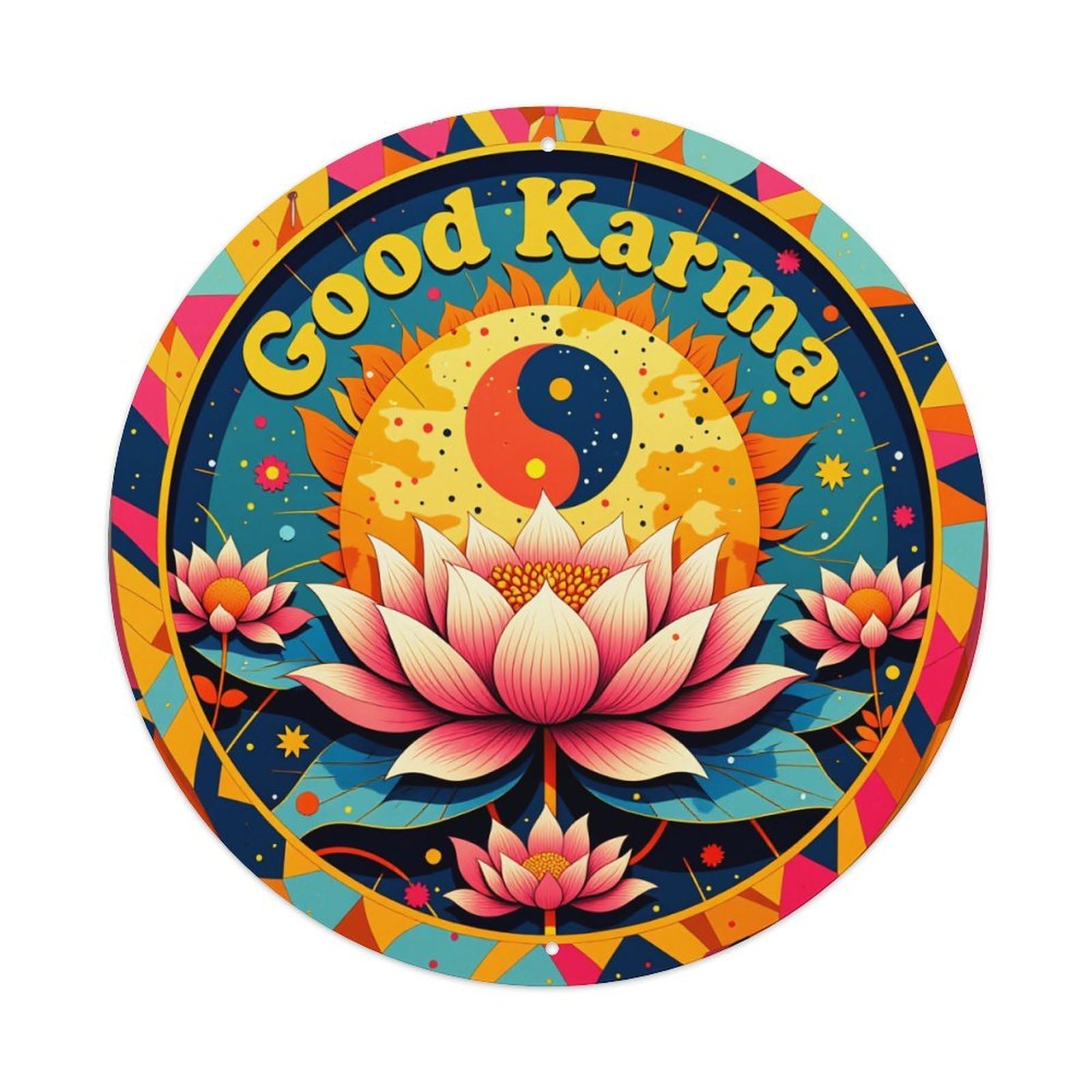 Jdyaojiesheng Vintage Colorful Lotus Yin Yang Pattern Round Tin Sign Retro Metal Wall Decor Metal Poster, Home Bar Garage Farmhouse Cafe Wall Art Decoration 8X8inch