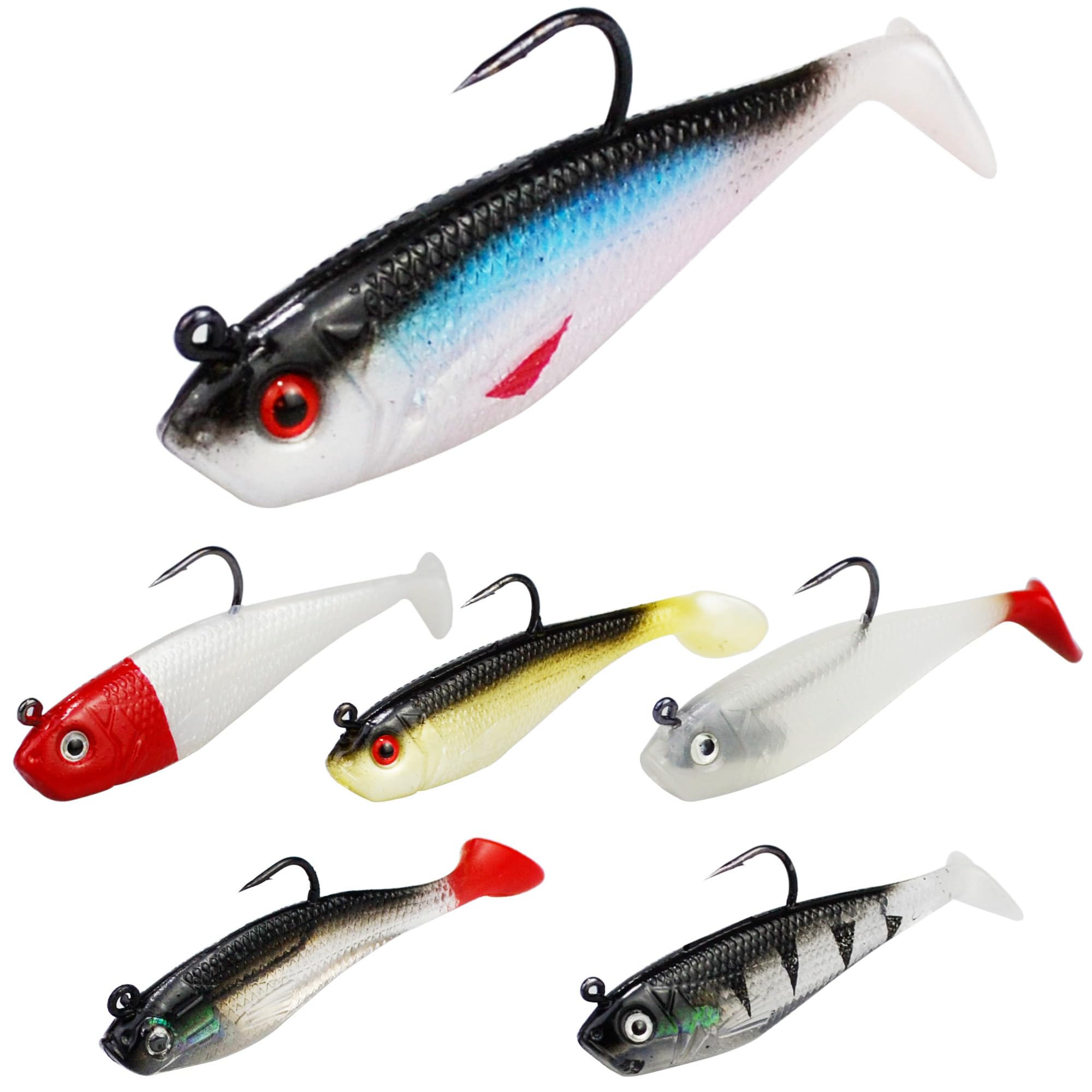 Vinfutin6pcs Pre-Rigged Jig Soft Lures with Sharp Hooks,Paddle Tail Sinking Swimbaits Weedless Bass Lures Shad Tadpole Lure with Spinner Baits for Saltwater Freshwater Fishing