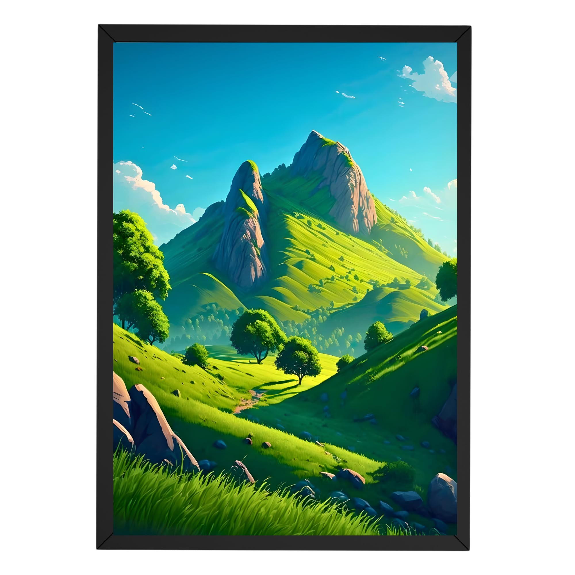 GullyMade Green Mountain Landscape Wall Painting with Frame 9.5 x 13 Inch | A4 Nature Scenery Art Print | Modern Mountain Wall Decor for Living Room Bedroom Office | Ready to Hang Framed Wall Art-image-0