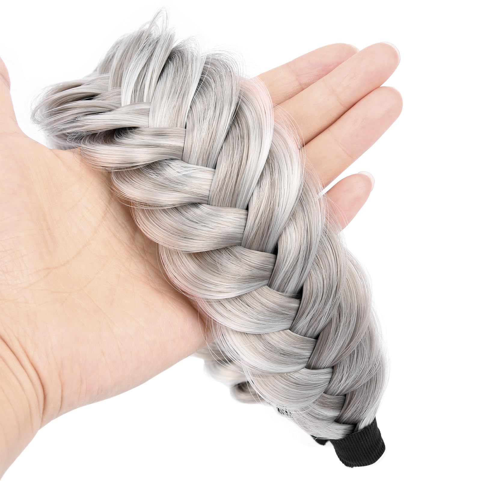 GLEDOLA Wide Messy Braided Headband with Teeth Synthetic Hair Plaited Headband High Elasticity Braids Chunky Fishtail Braided Hair Band Hairpiece for Girls Women (Smoky Gray) - Image 3