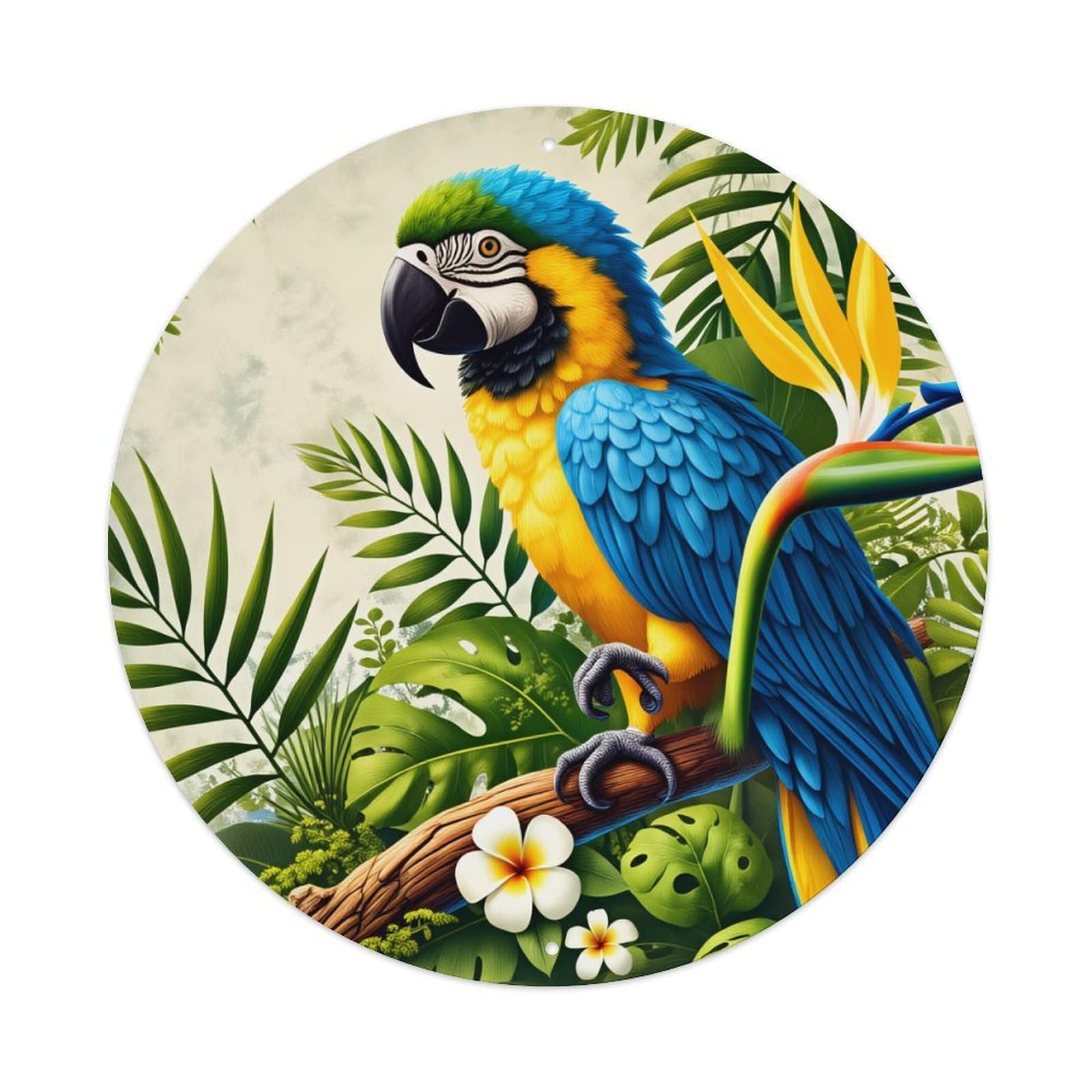 Tropical Parrot Jungle Leaves Flower Round Tin Sign Retro Metal Sign for Cafe Bar Pub Home Game Room Gym Club Wall Decoration Vintage Metal Poster 8x8 Inch