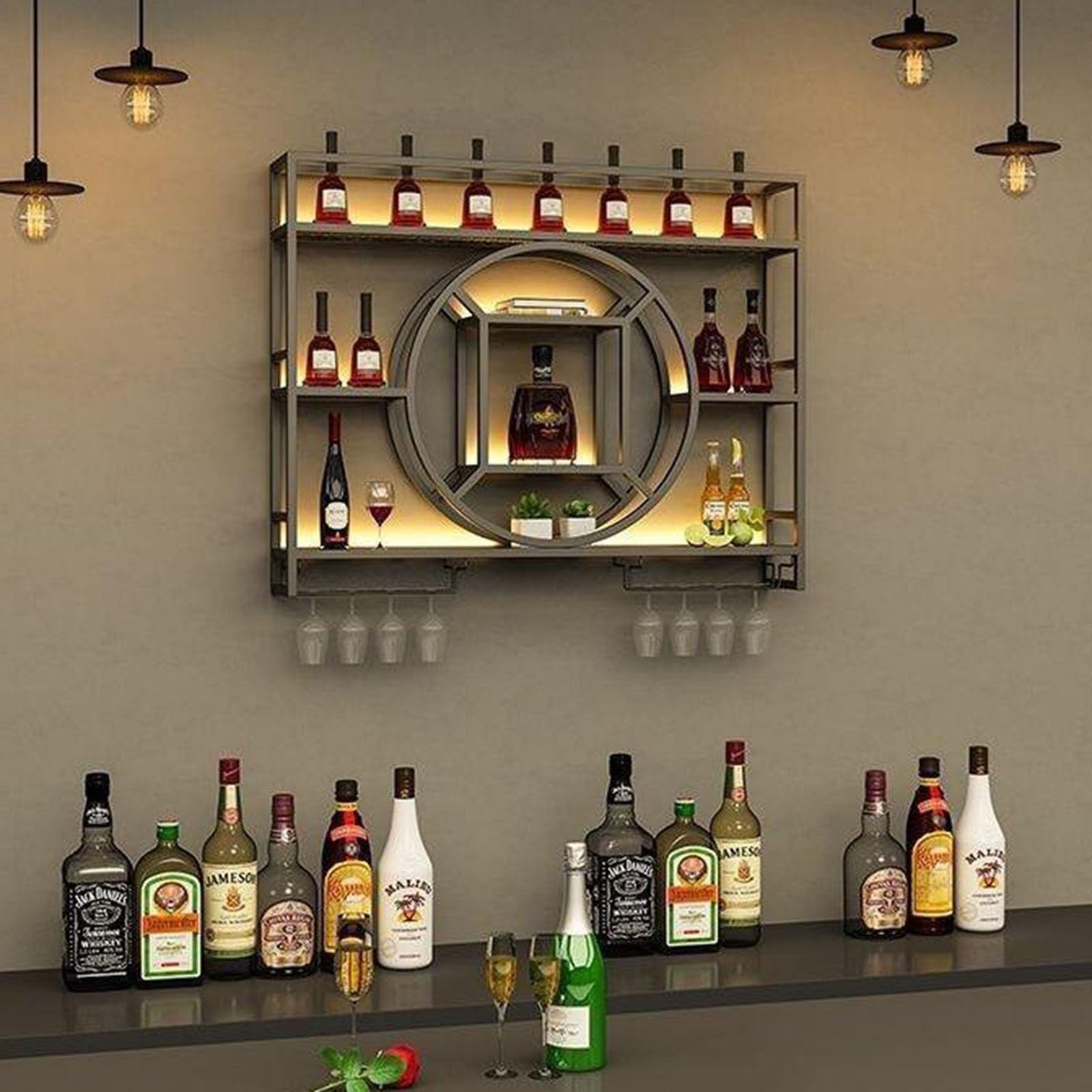 Étagère à vin murale industrielle en métal avec LED et porte-verre suspendu