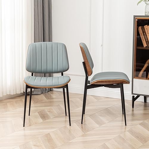 Miniatura 6 de LUNLING Juego de 2 sillas de comedor, sillas de cuero sintético retro modernas de mediados de siglo con asiento tapizado de madera curvada de nogal,