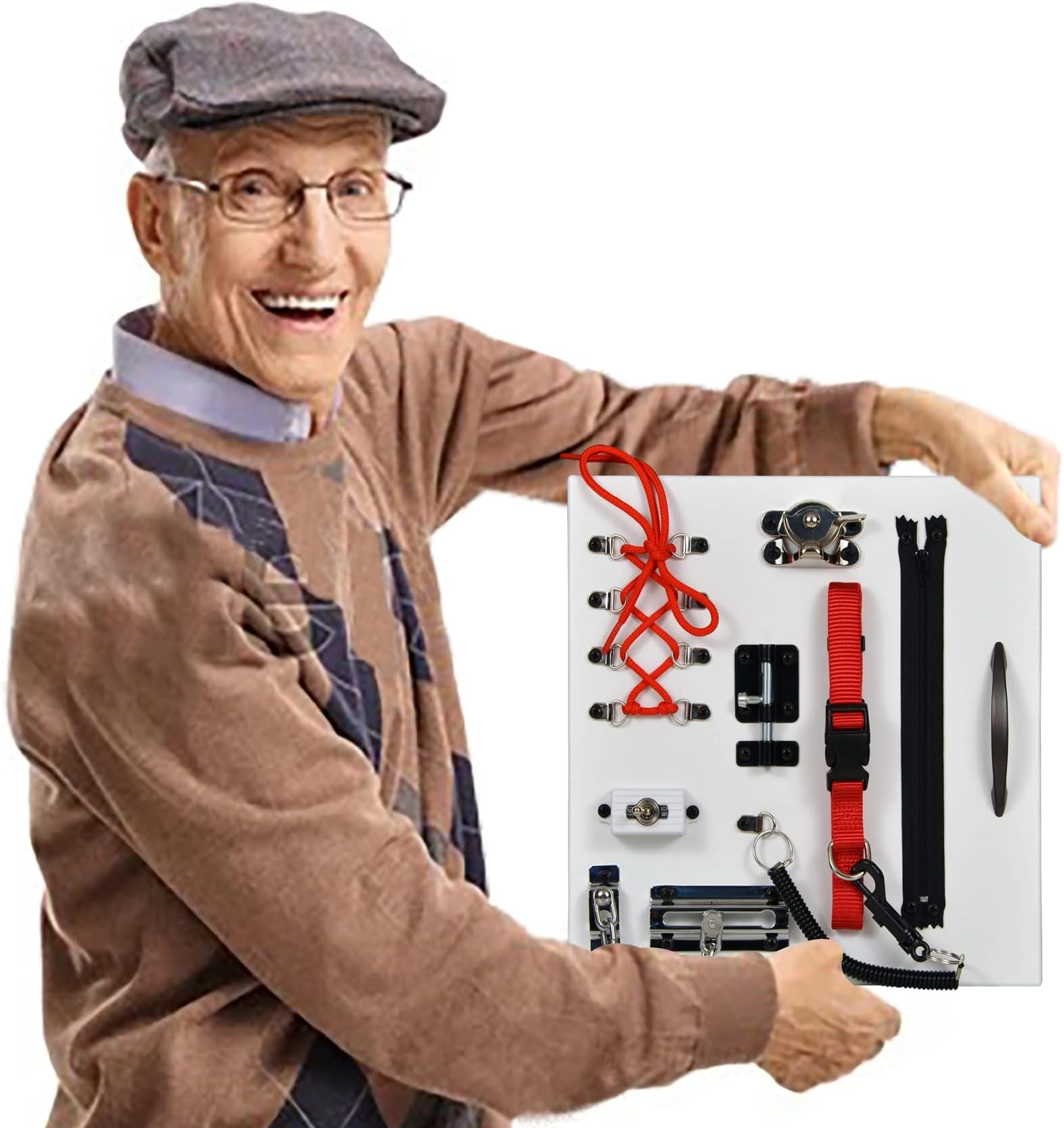 Fidget Board Activity Center for Seniors with Memory Loss, Alzheimer's & Dementia. Hand Crafted in the U.S.A. – Portable & Calming. Overall Size : 11.5" x 11.5" with Carrying Handle. White with Red