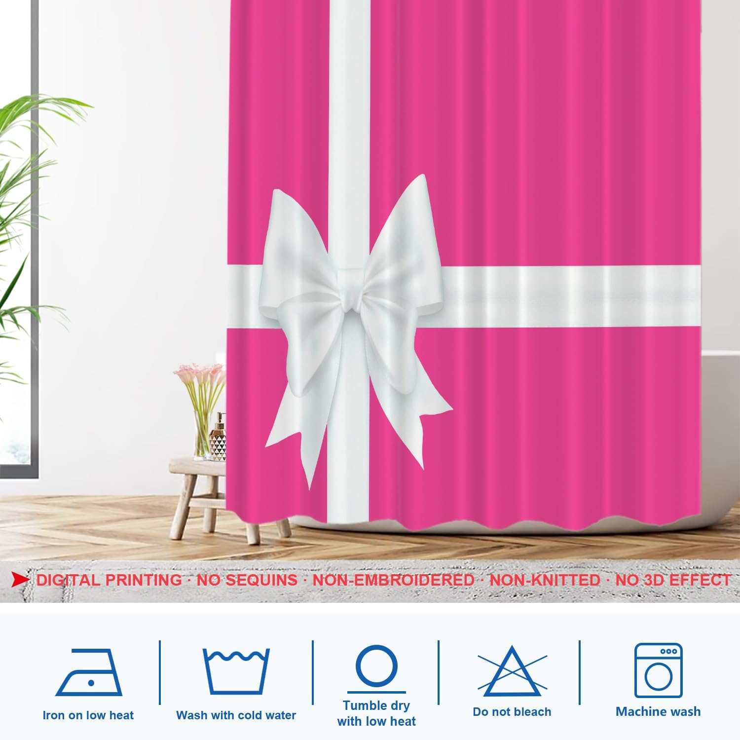 Shrahala Hot Pink Decorative Shower Curtain, Magenta with White Bow Bathroom Décor Polyester Fiber Waterproof with Plastic Rings for Shower Stall Bathtubs 72 X 72 in