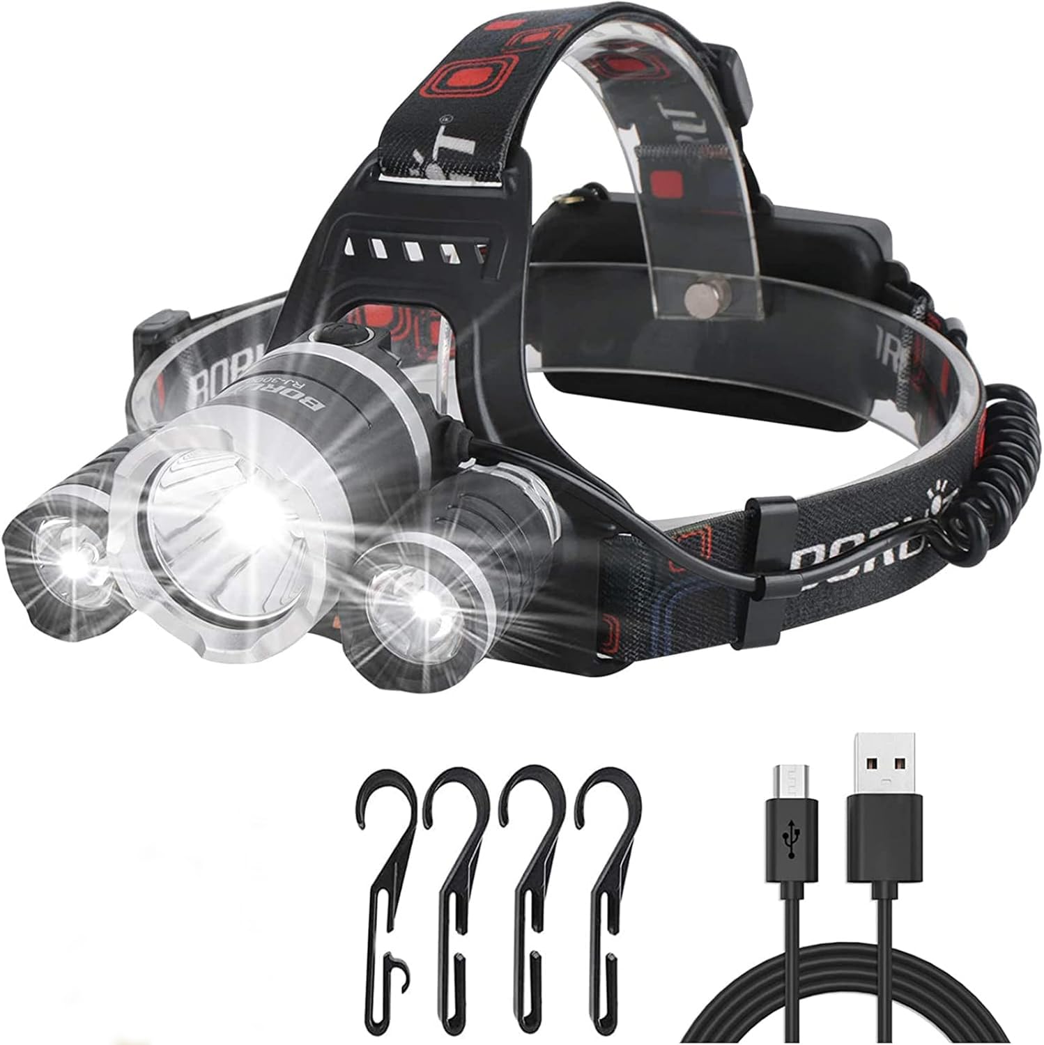 BORUiT Lampe frontale rechargeable RJ-3000 avec 3 lumières blanches, 6000 lumens super lumineuse 4 modes, lampe frontale à LED mains libres avec 4 clips pour la course, le camping, la pêche, le