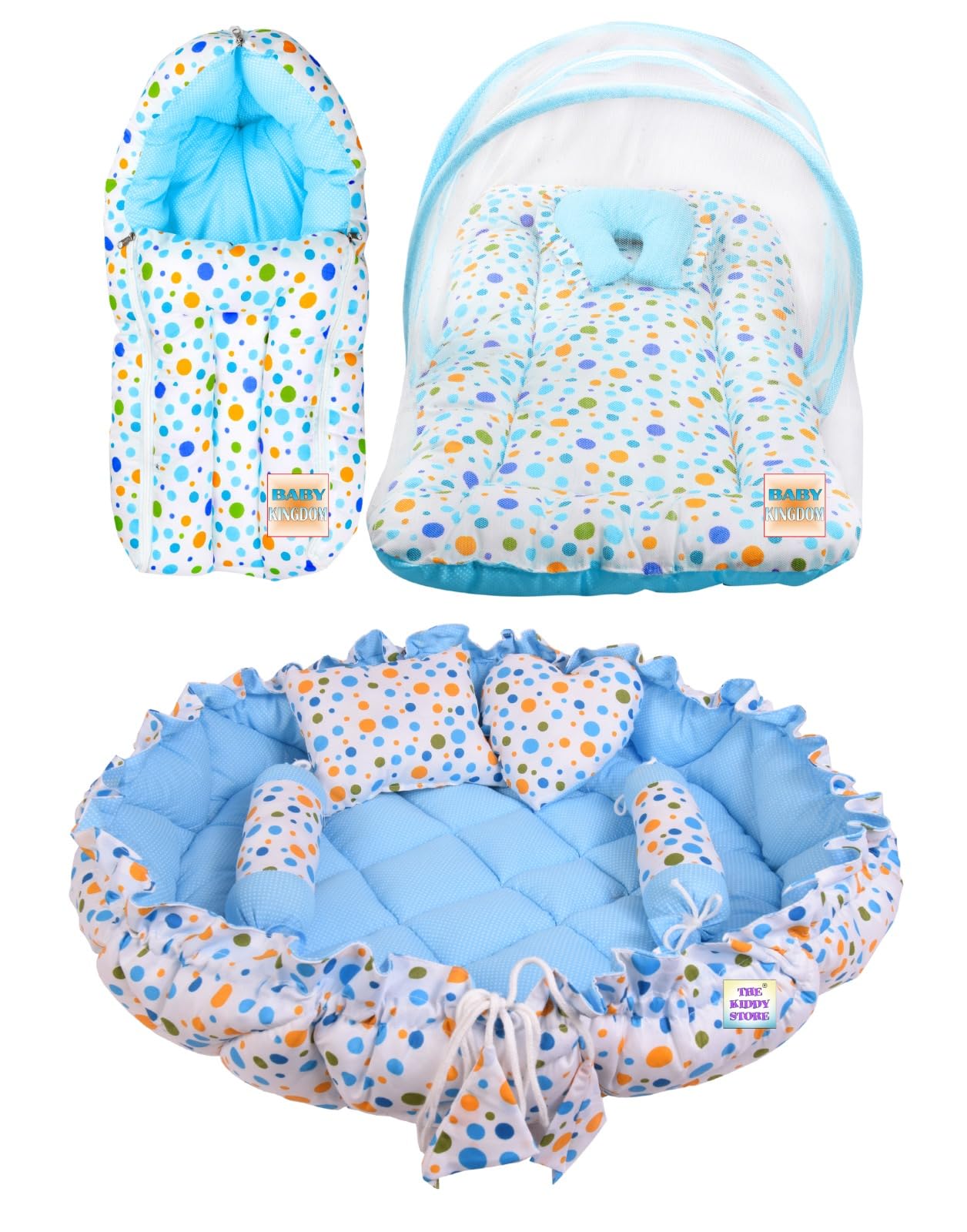 Adore Stuff Baby Bedding Set (1 Mosquito Protection Bed, Sleeping Bag,  Round Nest with Cushions) Gift for New Born Baby Below Year Baby (Blue)