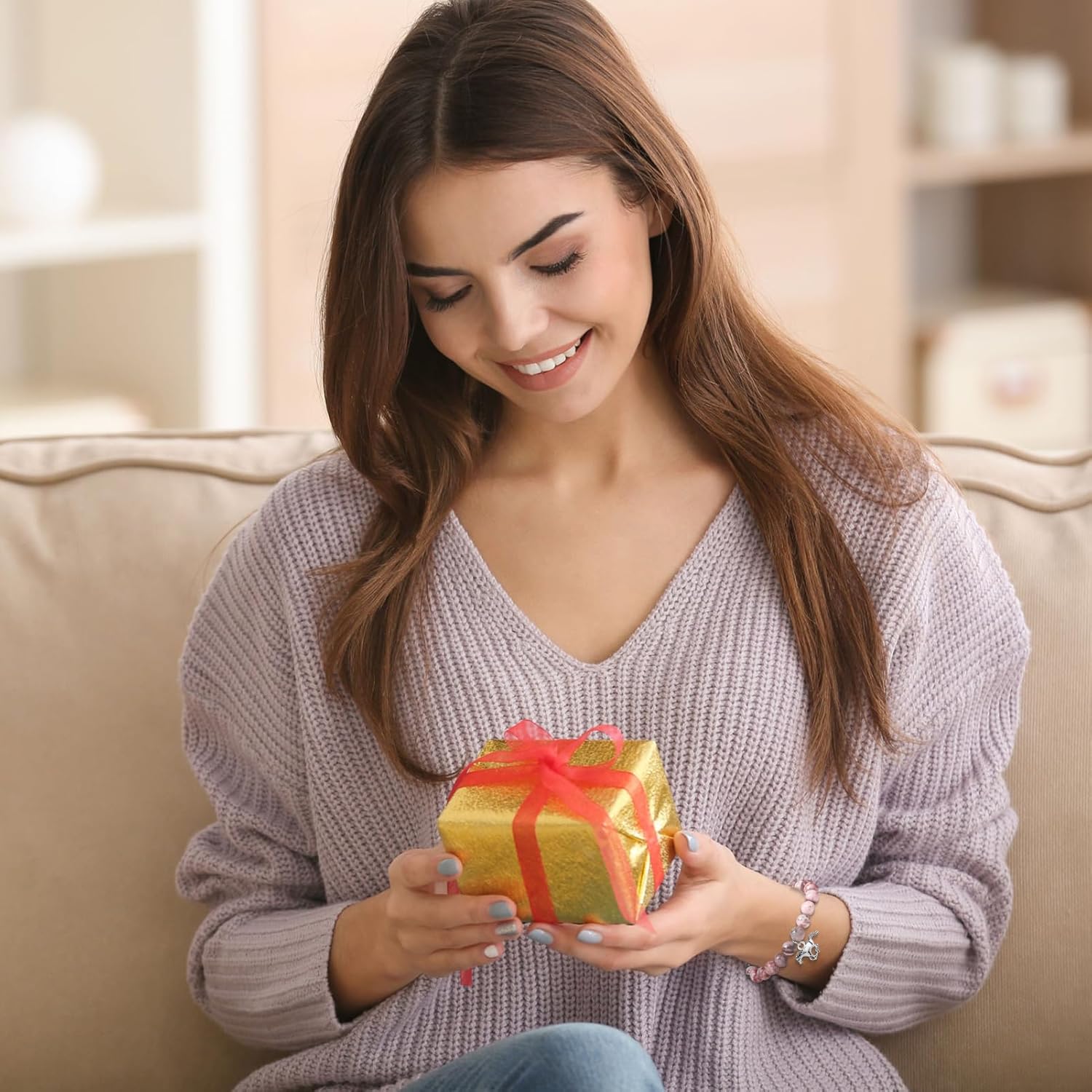 Yinkin 12 Sets New Year Horse Beaded Charm Bracelets for Women, Chinese Zodiac Lucky Natural Stone Elastic Bracelets with Braided Rope Cord, Pink Inspirational Jewelry Gifts - Image 4