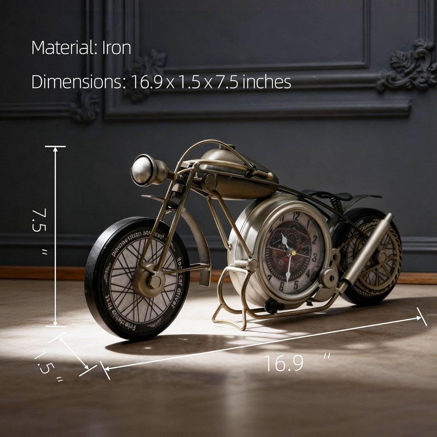 GLOWMIRTH Retro Wall Sculptures,Motorcycle Decor,Antique Shelf Clock,vintage table clock for Living Room Bedroom Office,Motorcycle Gifts,Battery Powered, 16.6 * 1.5 * 7.9inches,Silve