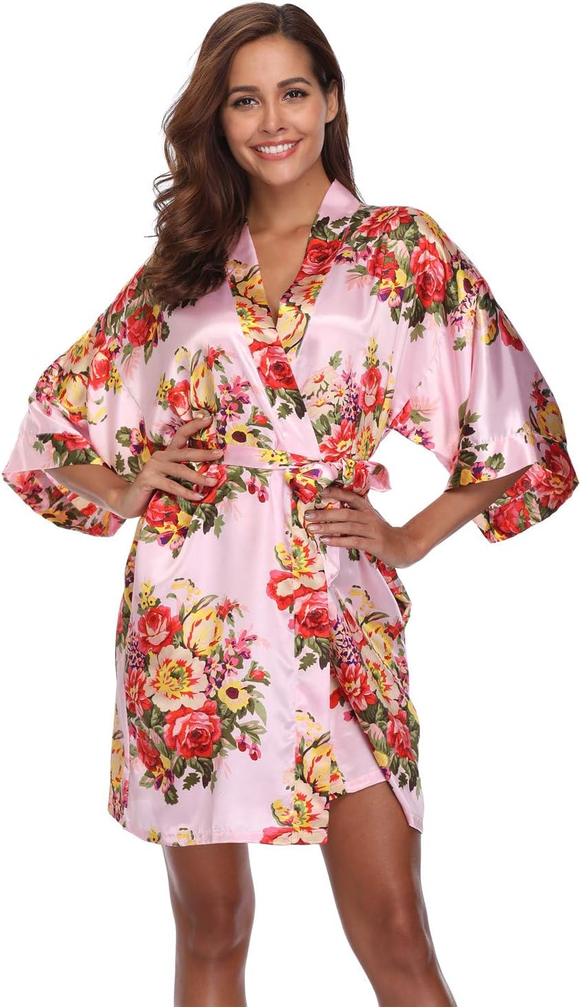Women's Floral Satin Kimono Robes Short Bridesmaid Robes for Wedding Party