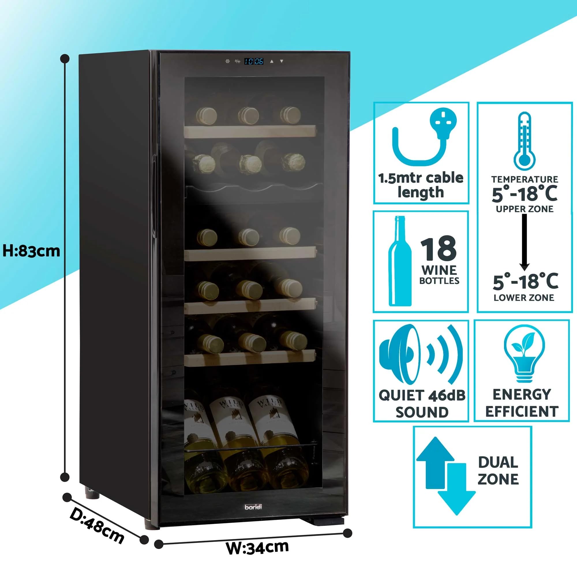 Dellonda Baridi 18 Bottle Dual Zone Wine Cooler, Fridge with Digital Touch Screen Controls, Wooden Shelves & LED Light, Black - DH89 — view 3