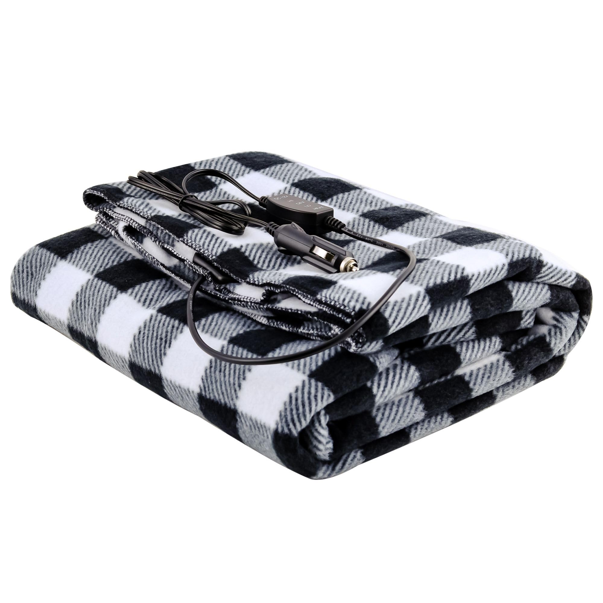 OVENTE Electric Heated Throw Blanket, 57” x 39” Soft Polyester Fleece Heating Blanket with Car AC Outlet, Temperature Control, Overheat Protection and Machine Washable, Black & White BL4602BW