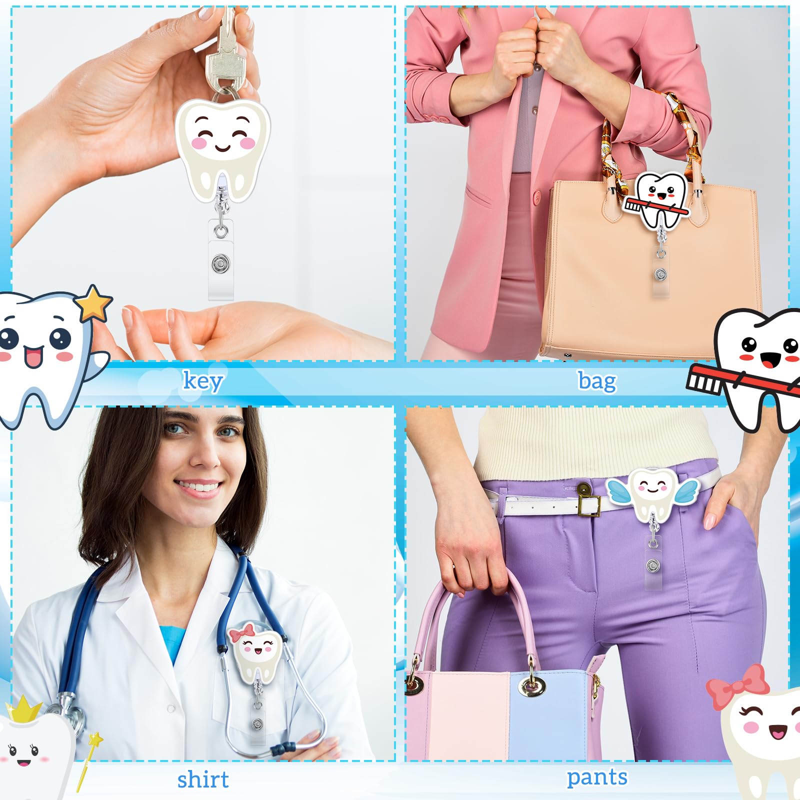 Geyoga 12 Pcs Dental Badge Reel Dental Hygiene Appreciation Gifts Tooth Shaped Badge Holder Retractable with ID Clip for Nurse Week Coworker Office Hygiene Hygienist School Student Friend Graduation