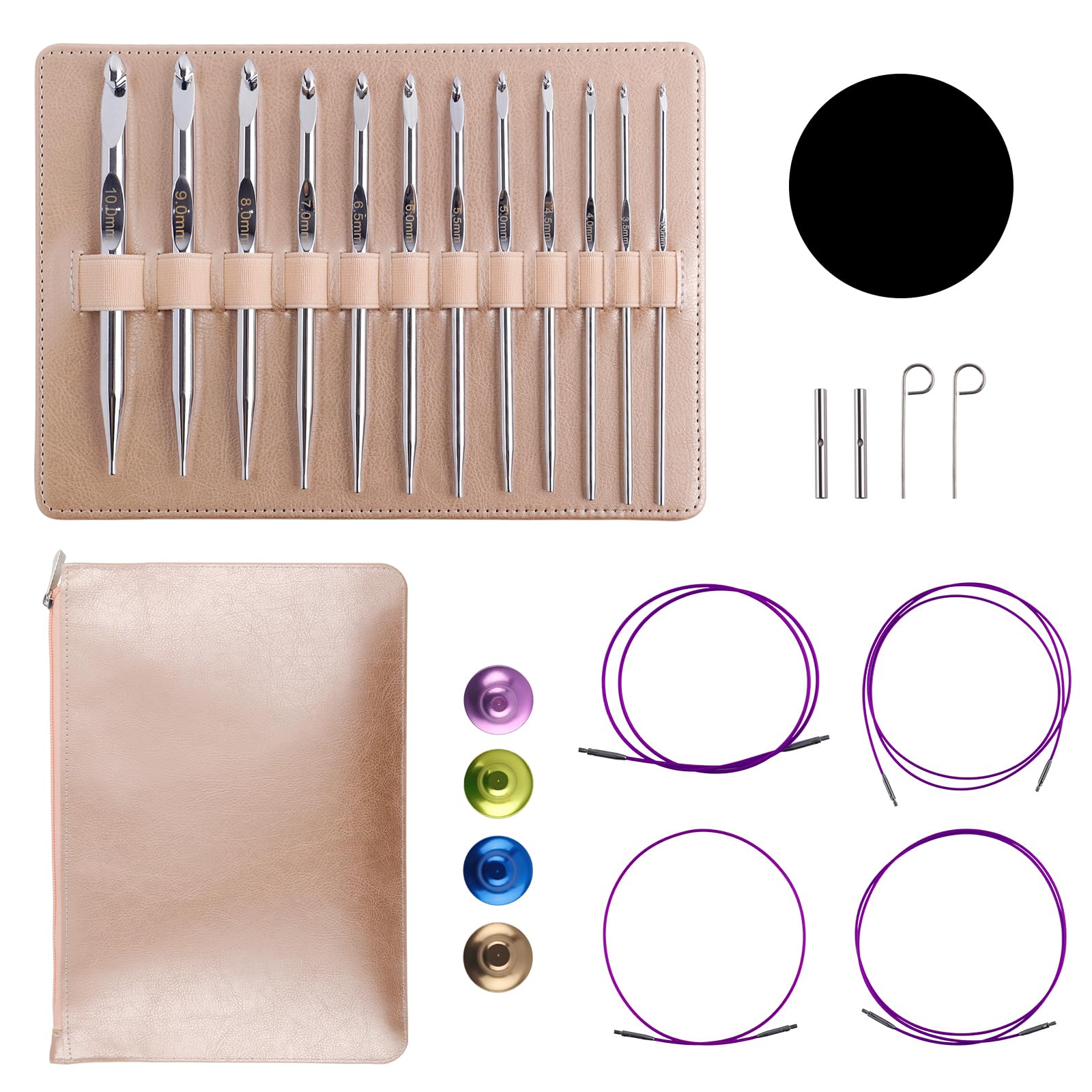 Gosknor Juego de Ganchillo Tunecinos con Cables, Aluminio Agujas de Tejer Intercambiables 3 mm a 10 mm Aguja Crochet Larga con Estuche para Proyectos Tejido Punto y Crochet