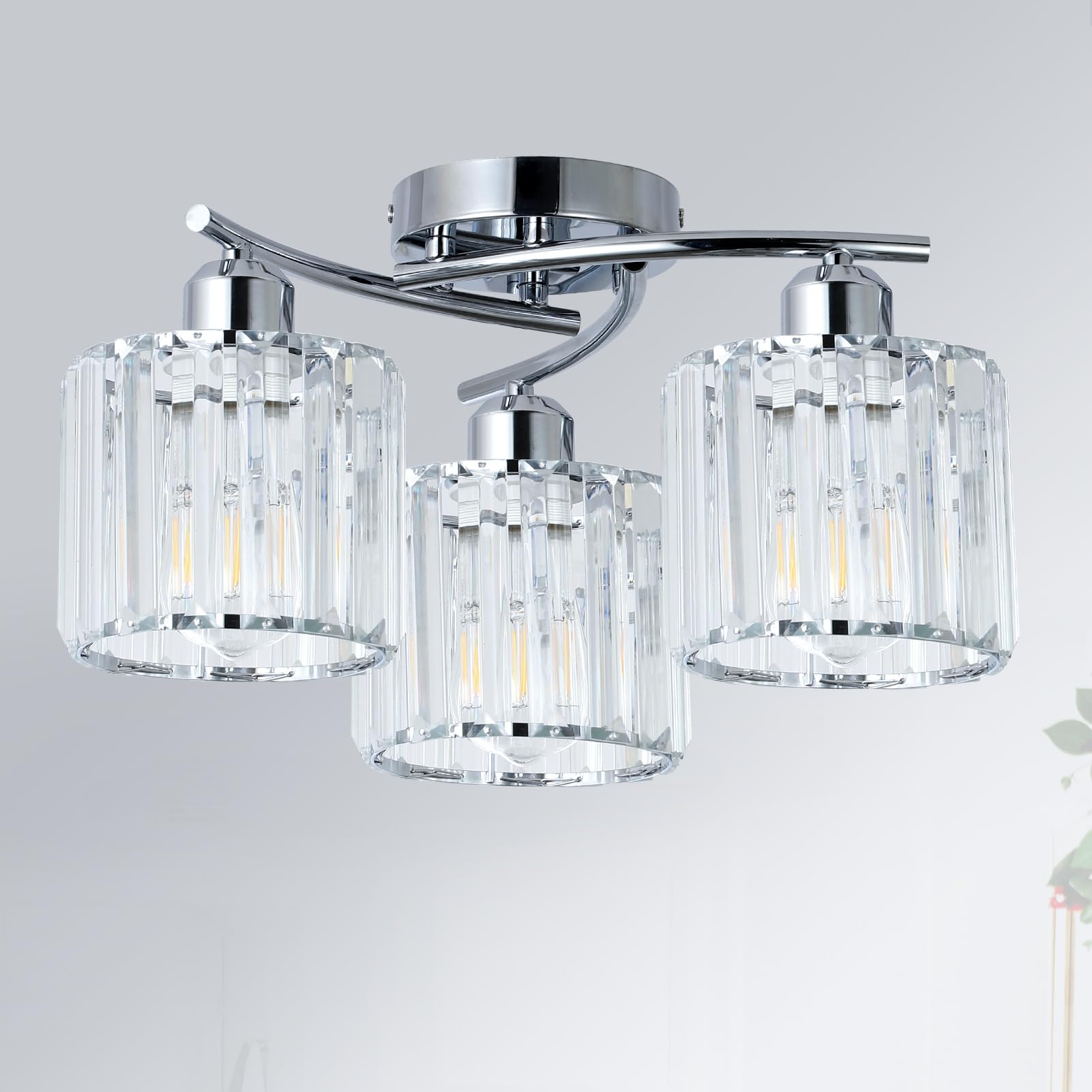 Crystal Close to Ceiling Light Fixtures 3-Light Chrome Modern Semi Flush Mount Ceiling Light Kitchen Light Fixture with