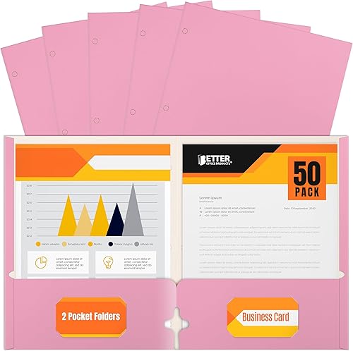 Better Office Products Carpetas portafolio de dos bolsillos, paquete de 50 unidades, color rosa, carpetas de papel tamaño carta, 50 piezas, color