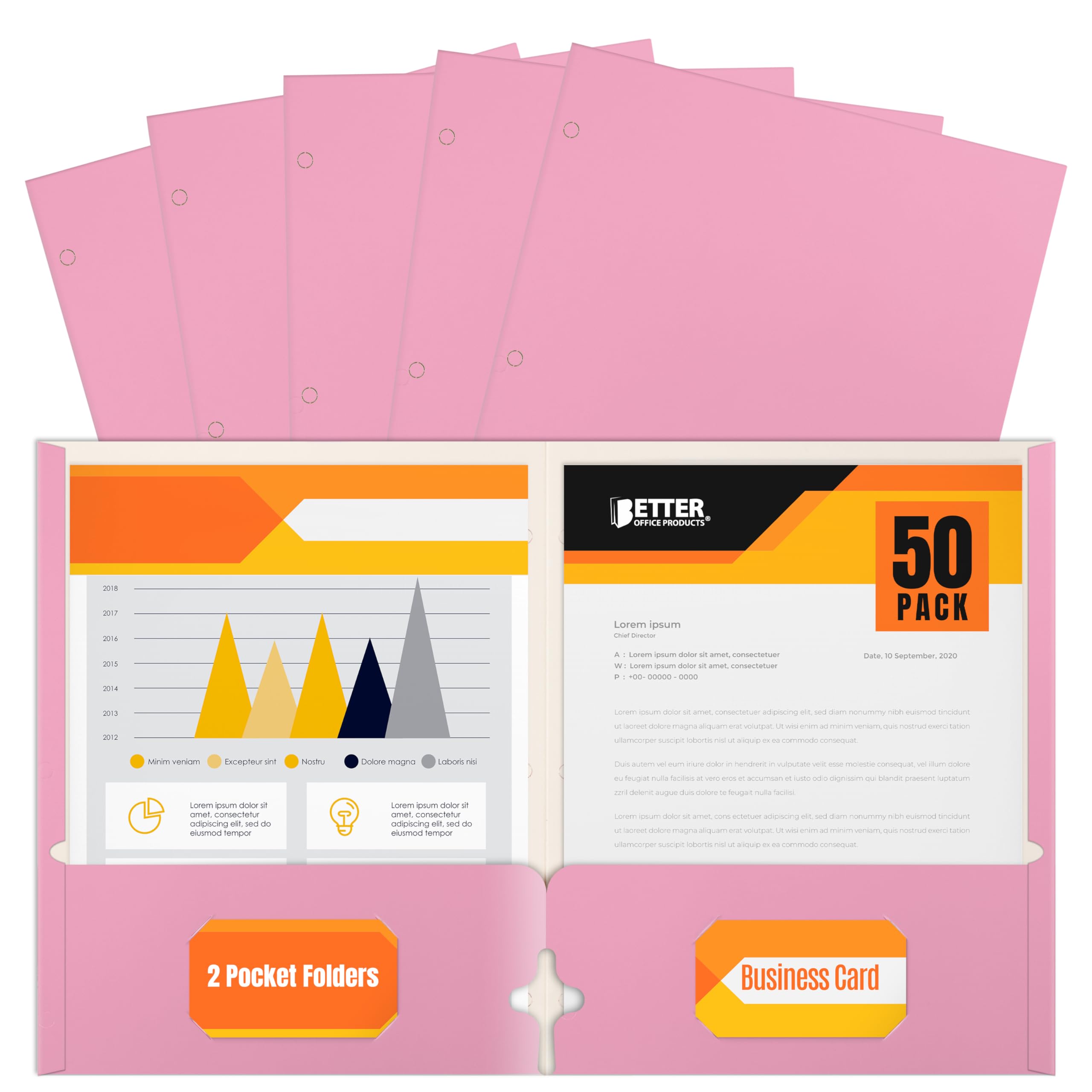 Better Office Products Two Pocket Portfolio Folders, 50-Pack, Pink, Letter Size Paper Folders, 50 Pieces, Pink