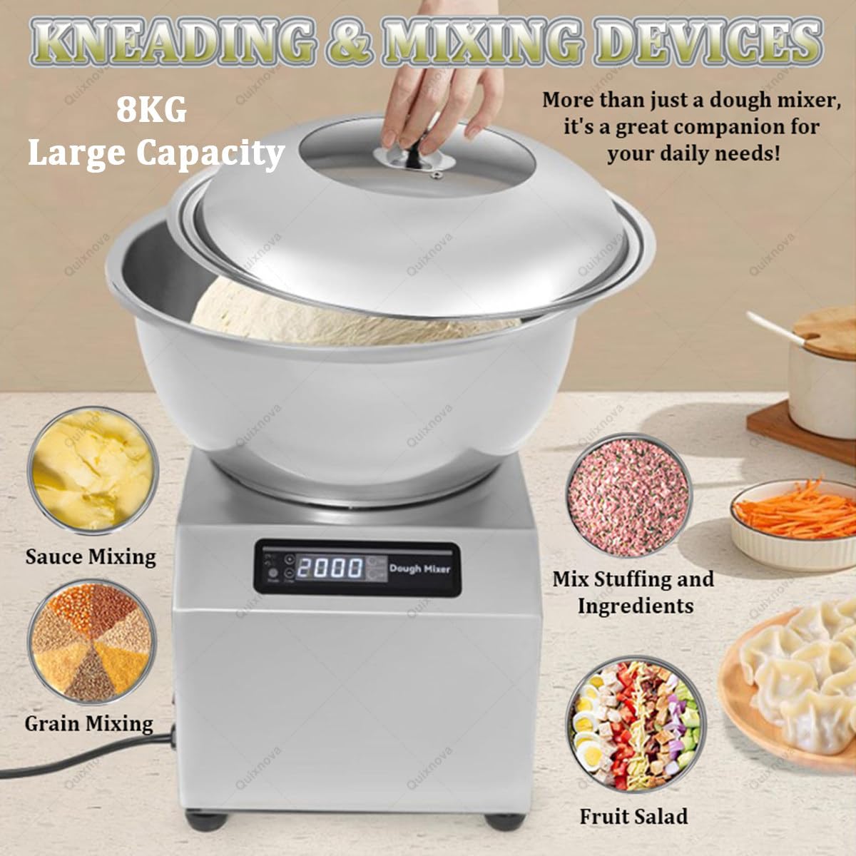 Impastatrice Commerciale a Spirale elettrica da 5 kg/8 kg, 1800 W/2200 W, Doppia Macchina impastatrice Rotante in Acciaio Inox con Coperchio e Timer per ristoranti, pizzerie e panetterie 8kg