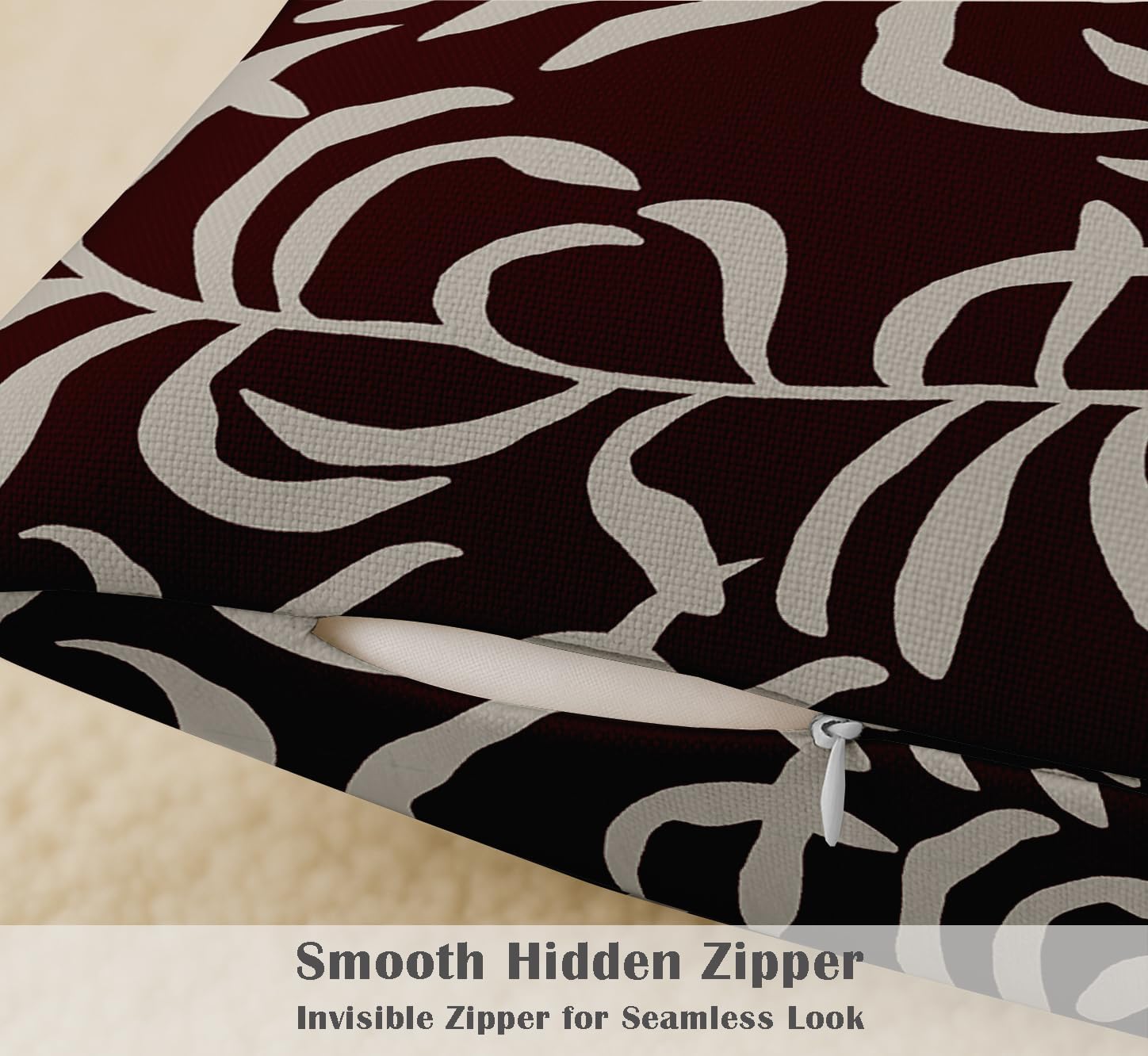 Set of 4 16x16 Cotton Cushion Covers - Decorative Reversible Pillow Covers with Concealed Zipper - Filler Not Included - Leaves Print, Burgundy