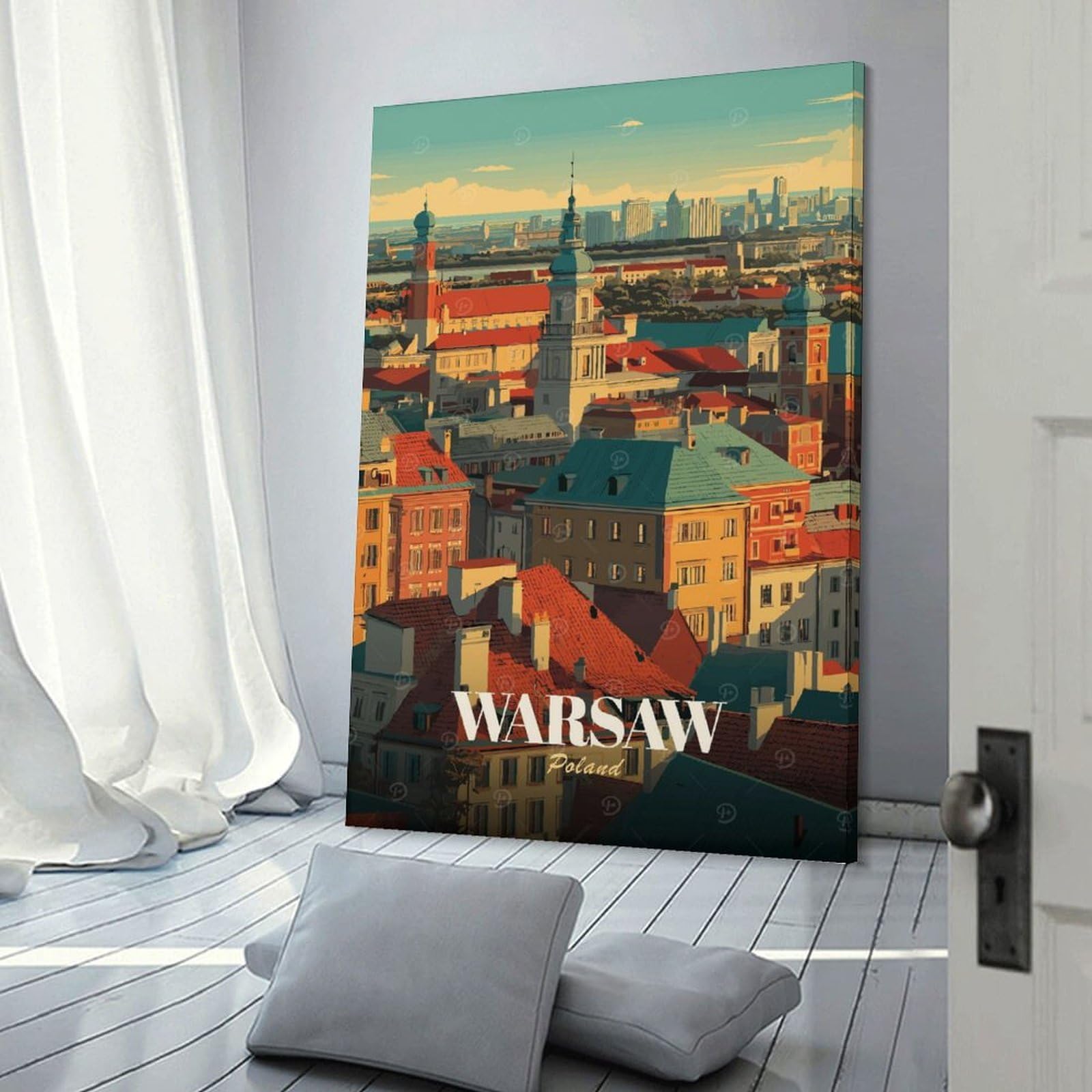 Junmoney Warsaw, Poland Cityscape Illustration Canvas Art Print, 20x30inch(50x75cm), for Wall Displays, Bedrooms Or Room Updates, Home Wall Art for Statement Displays