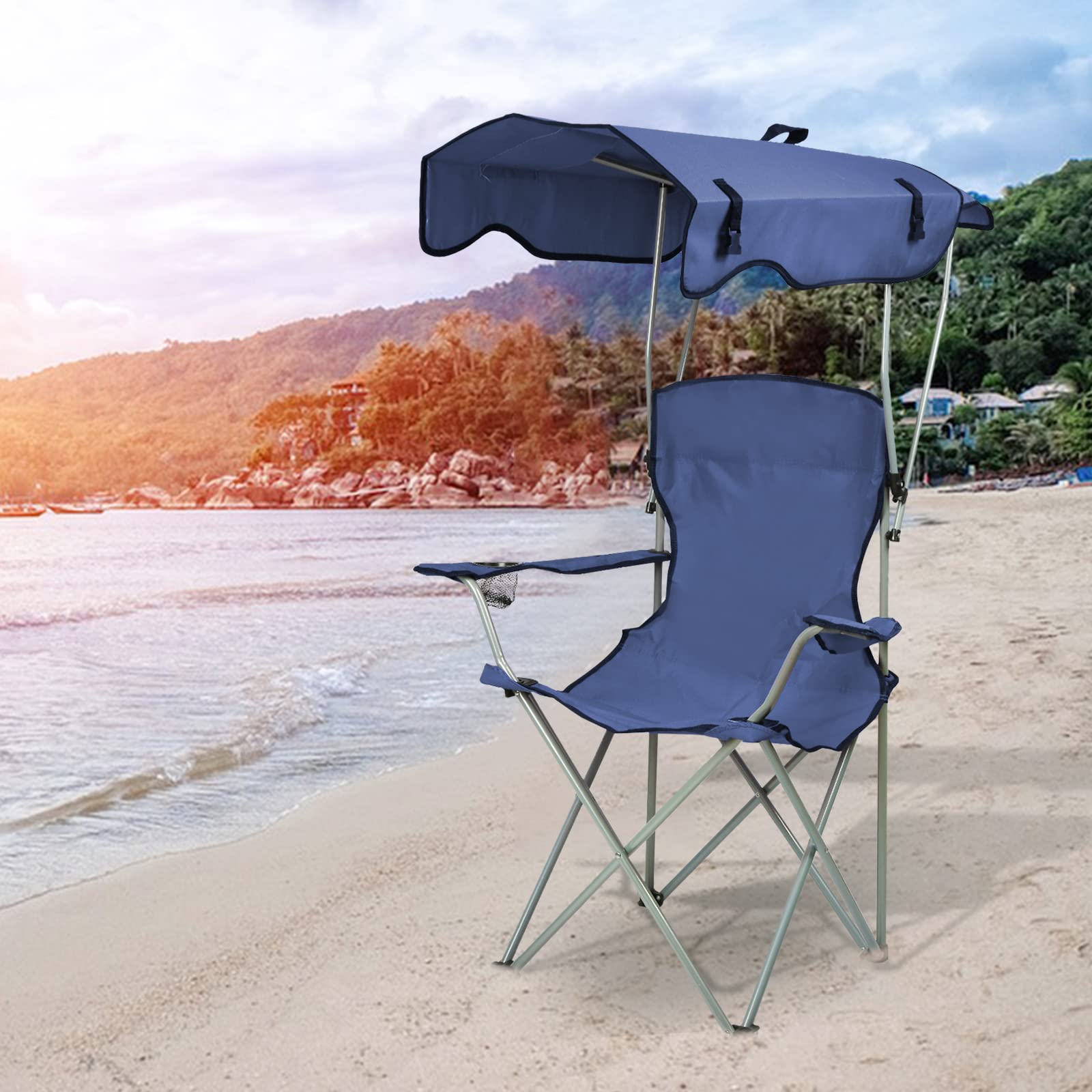 OHMG Chaise de Camping avec Auvent D'ombrage,Porte-gobelet et Sacs de Transport,Chaise Pliante Portable avec Pare-Soleil,Chaises de Pêche,Chaise pour Pique-Nique,Jardin,Plage,Sports de Plein (Bleu)