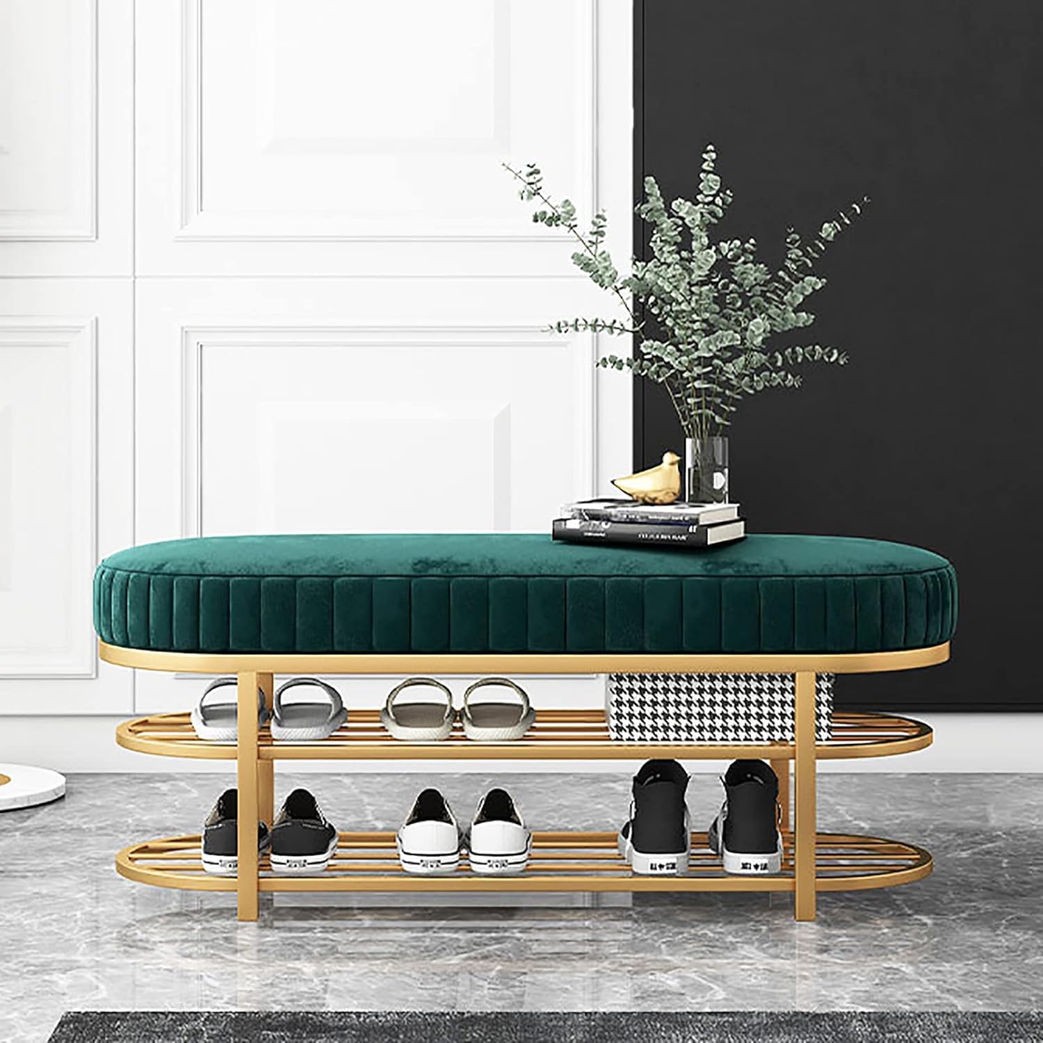 Banc à chaussures en velours supérieur et métal doré haut de gamme