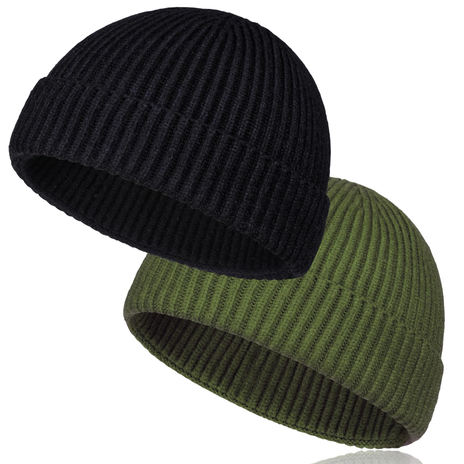 Tsknomo Men's Black+Olivine 2 Pcs Wool Short Fisherman Beanie For Soft Knit Cuff Trawler Beanie Caps Winter Warm Hats For Wo