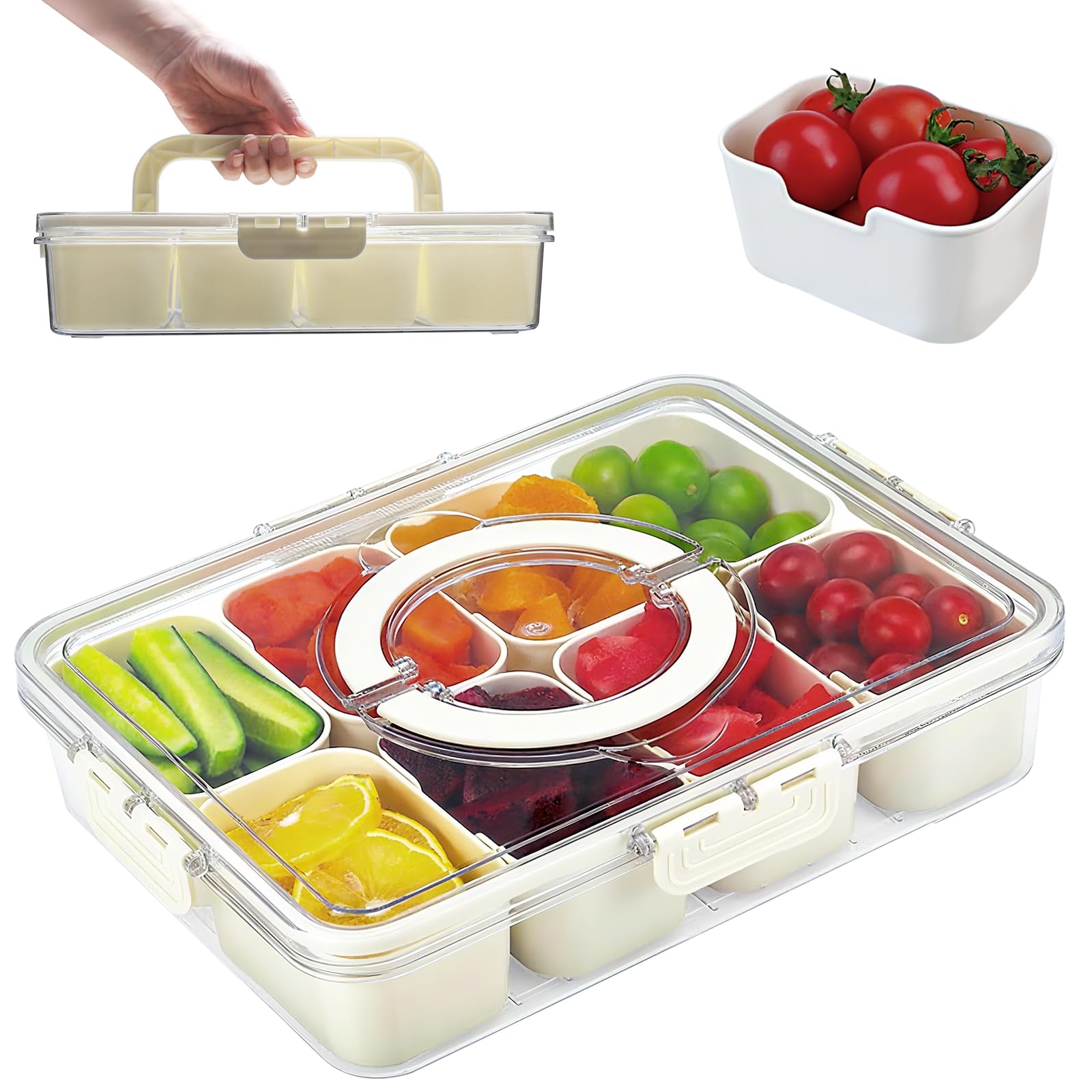 Caja de Aperitivos con 8 Compartimentos – Bandeja para Snacks con Tapa y Asa – Organizador de Dulces, Frutas, Frutos Secos y Galletas – Perfecta para Casa, Fiestas y Picnic
