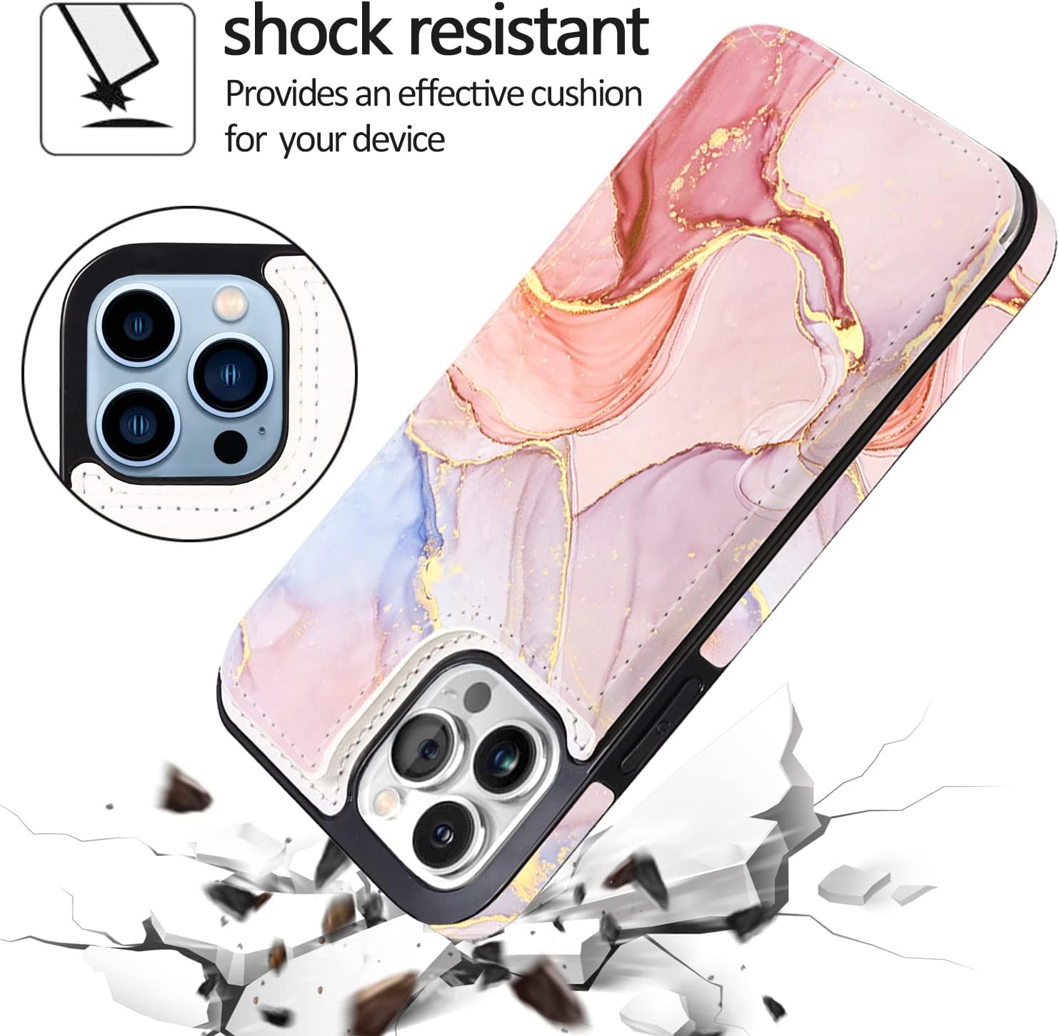 uCOLOR Flip Leather Wallet Case Card Holder Compatible with iPhone13 Pro Max 6.7” 13PM Women and Girls with Card Holder Kickstand (Pink Purple Marble 13 PM 6.7 inch)