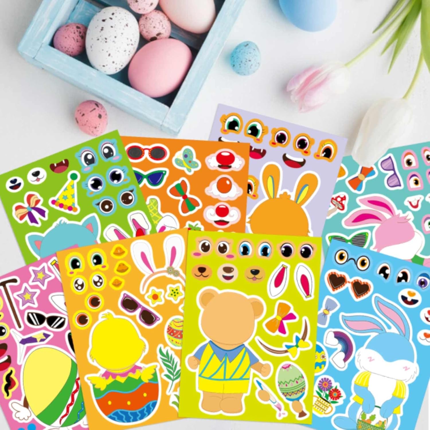 40PCS Easter Stickers for Kids, Easter Basket Stuffers, Make Your Own Animal Stickers, Easters Eggs Bunny Chick Farm Animal Lamb, Birthday Party Favor Supplies