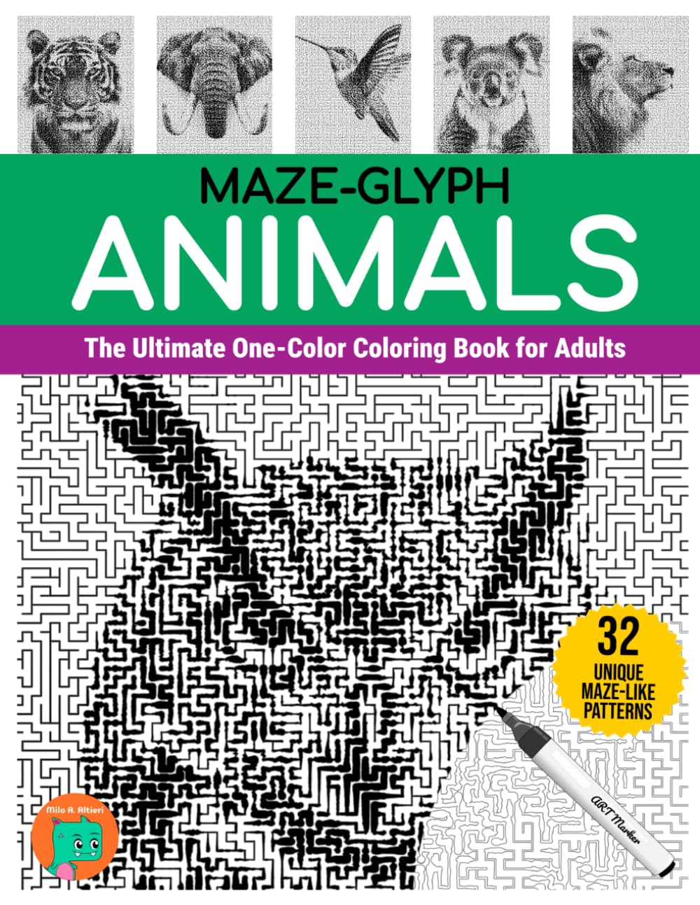 Maze-glyph Animals: The Ultimate One-Color Coloring Book for Adults